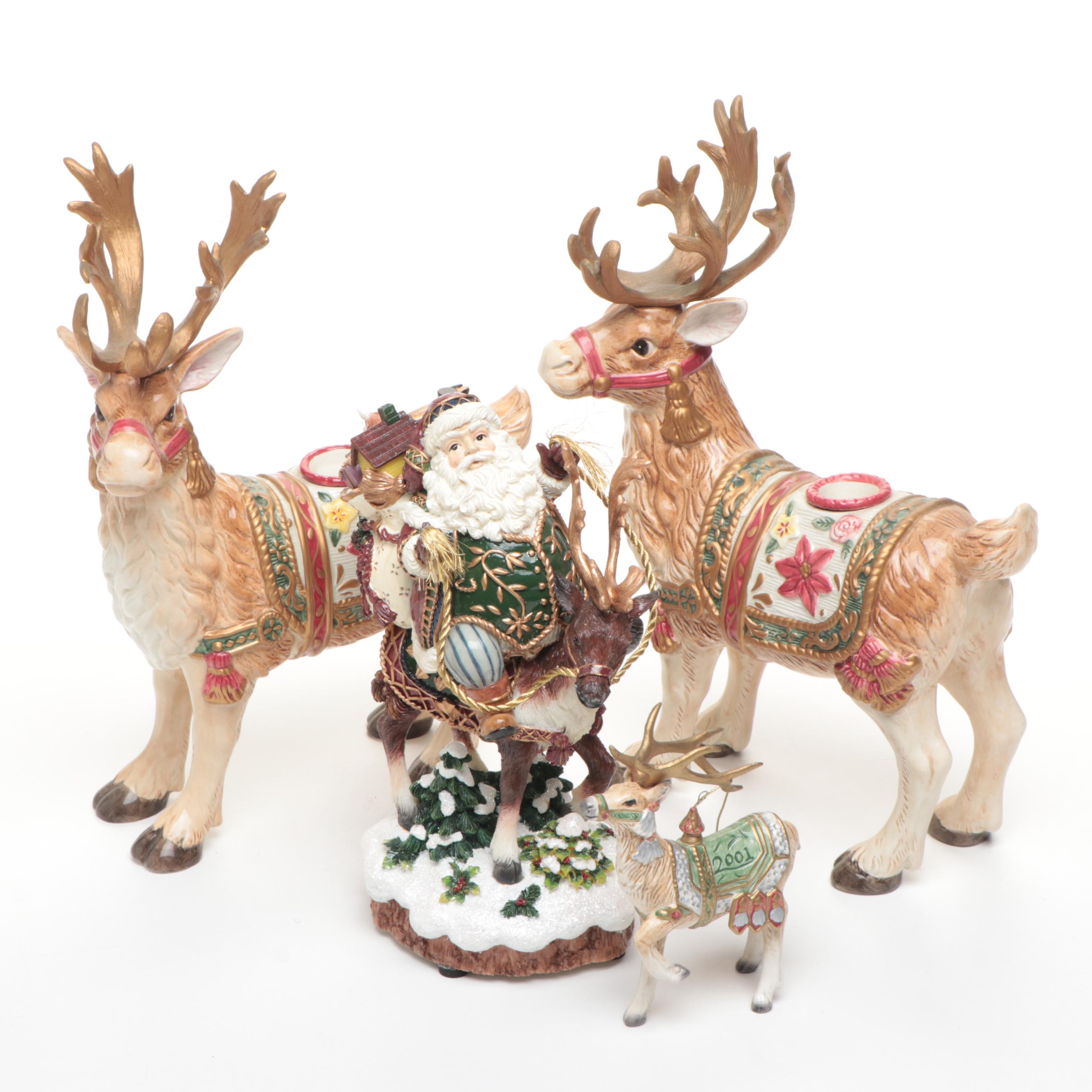 Fitz & Floyd "Jolly Ole St. Nick" with Ceramic Reindeer Figurines