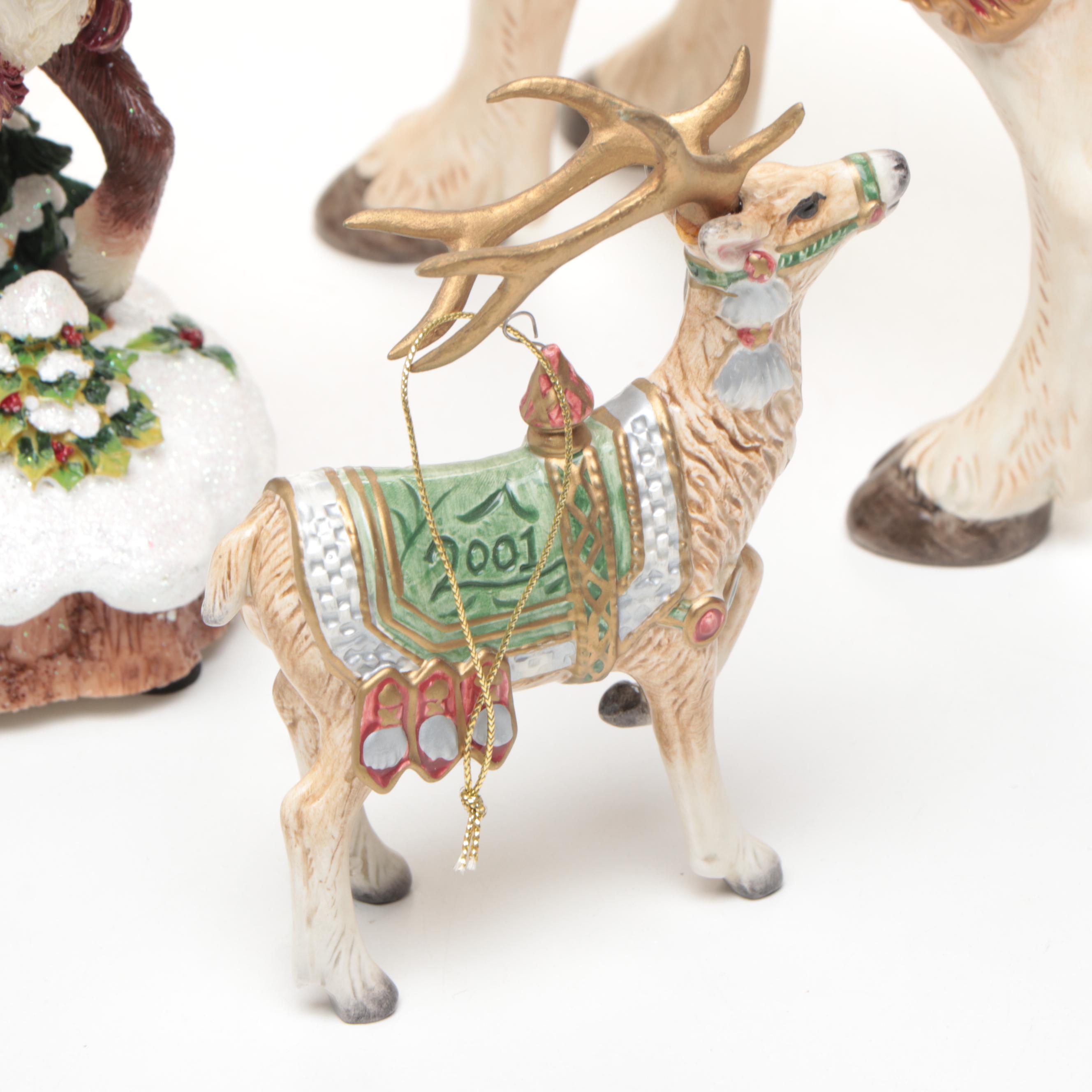 Fitz & Floyd "Jolly Ole St. Nick" with Ceramic Reindeer Figurines