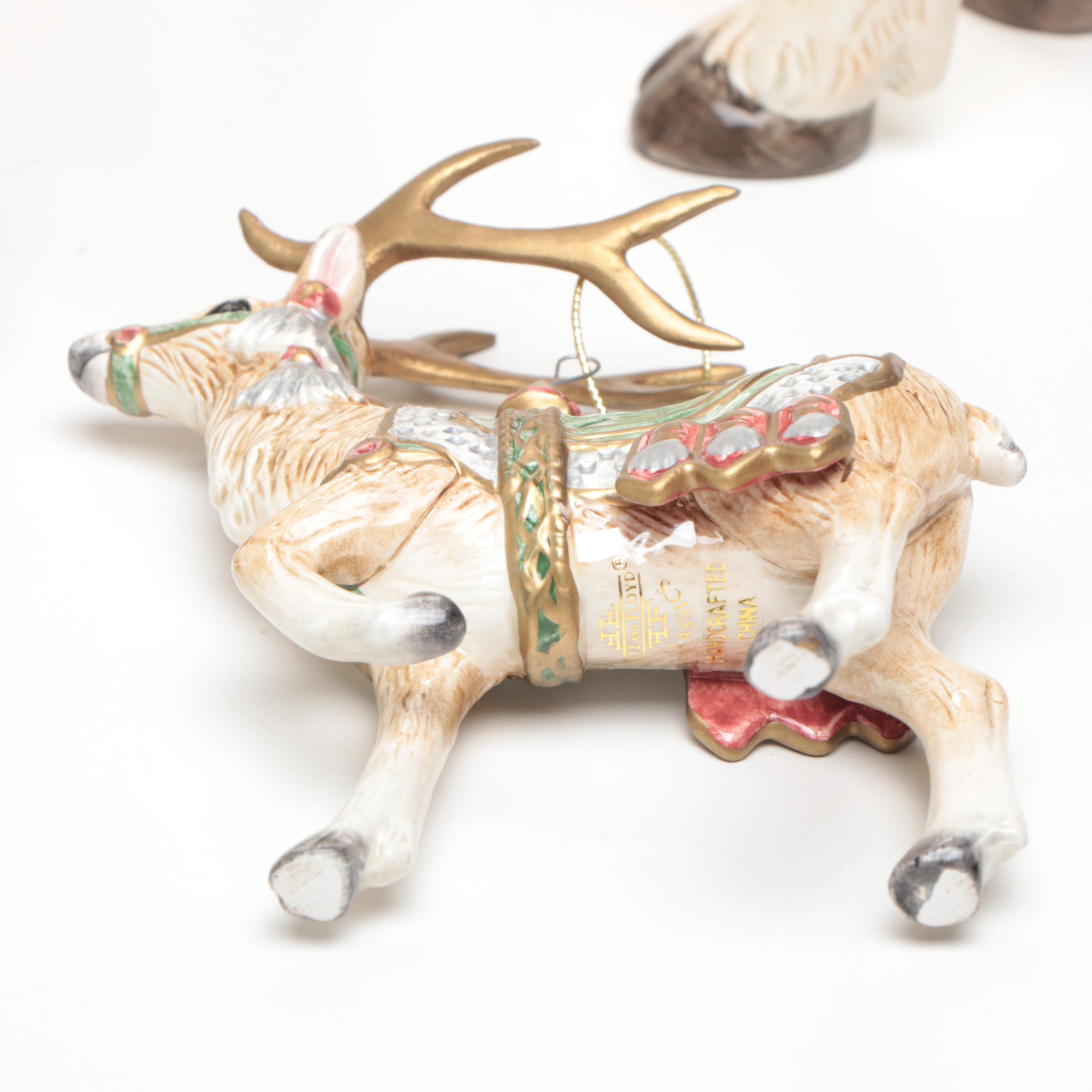Fitz & Floyd "Jolly Ole St. Nick" with Ceramic Reindeer Figurines