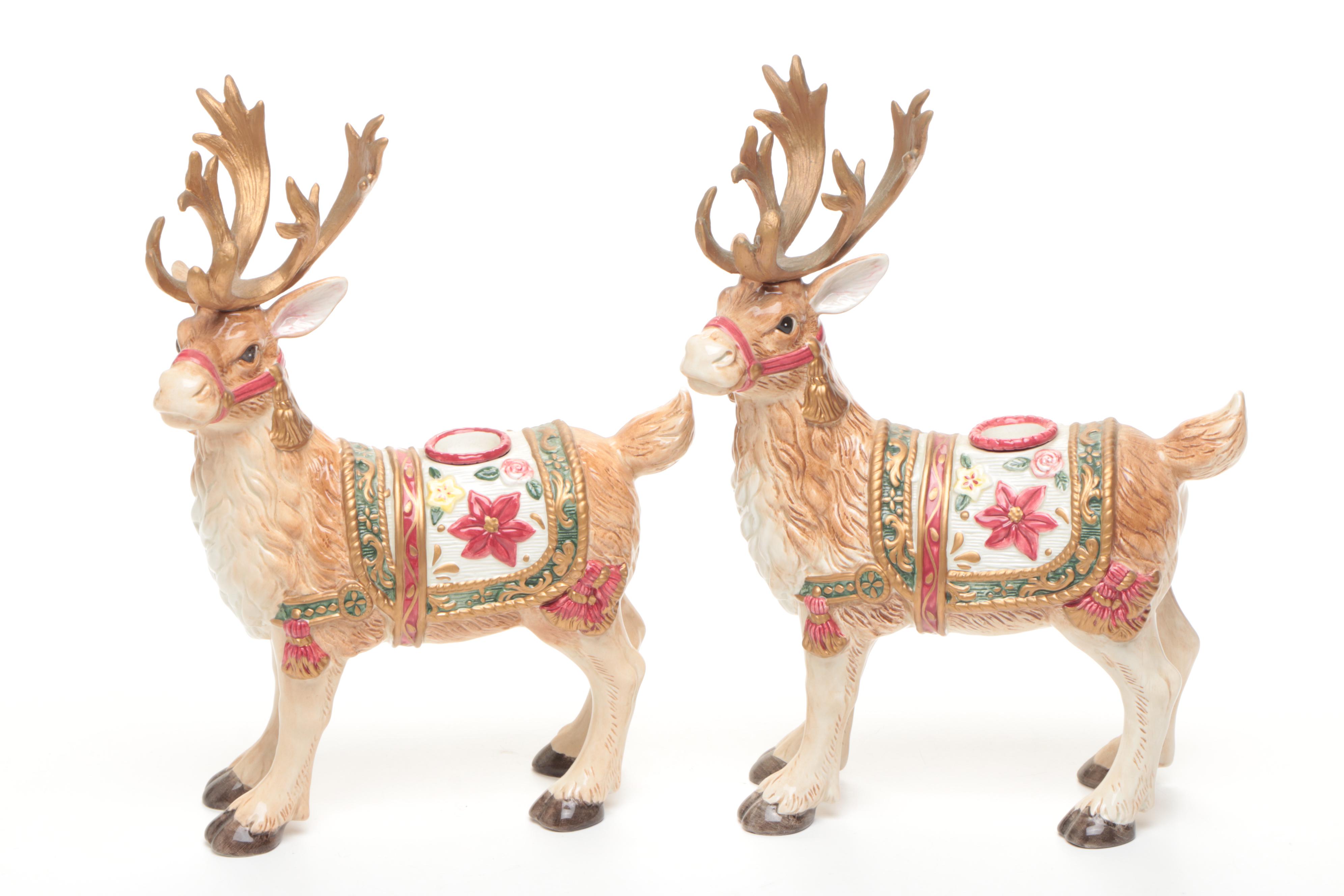 Fitz & Floyd "Jolly Ole St. Nick" with Ceramic Reindeer Figurines