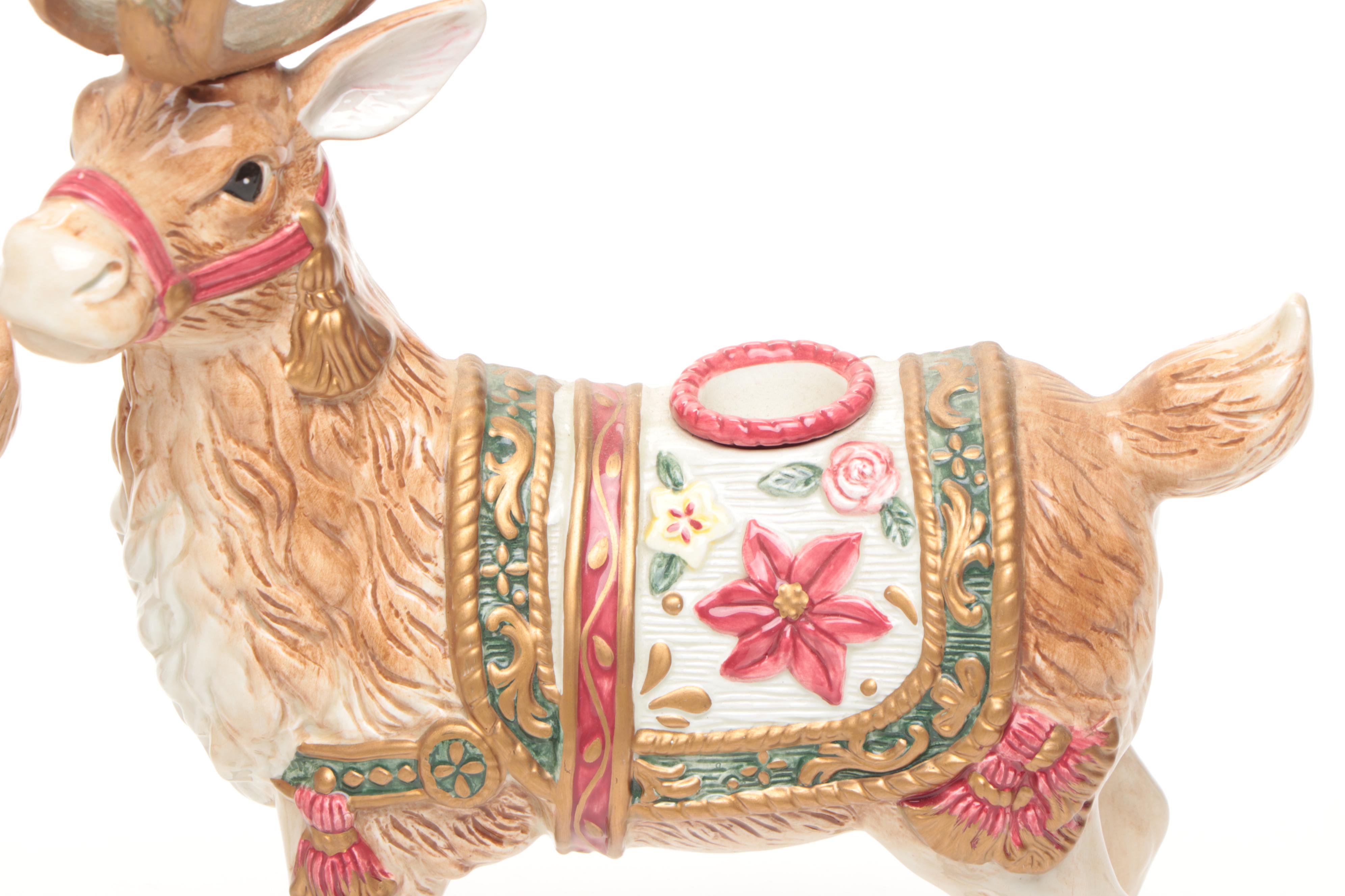 Fitz & Floyd "Jolly Ole St. Nick" with Ceramic Reindeer Figurines