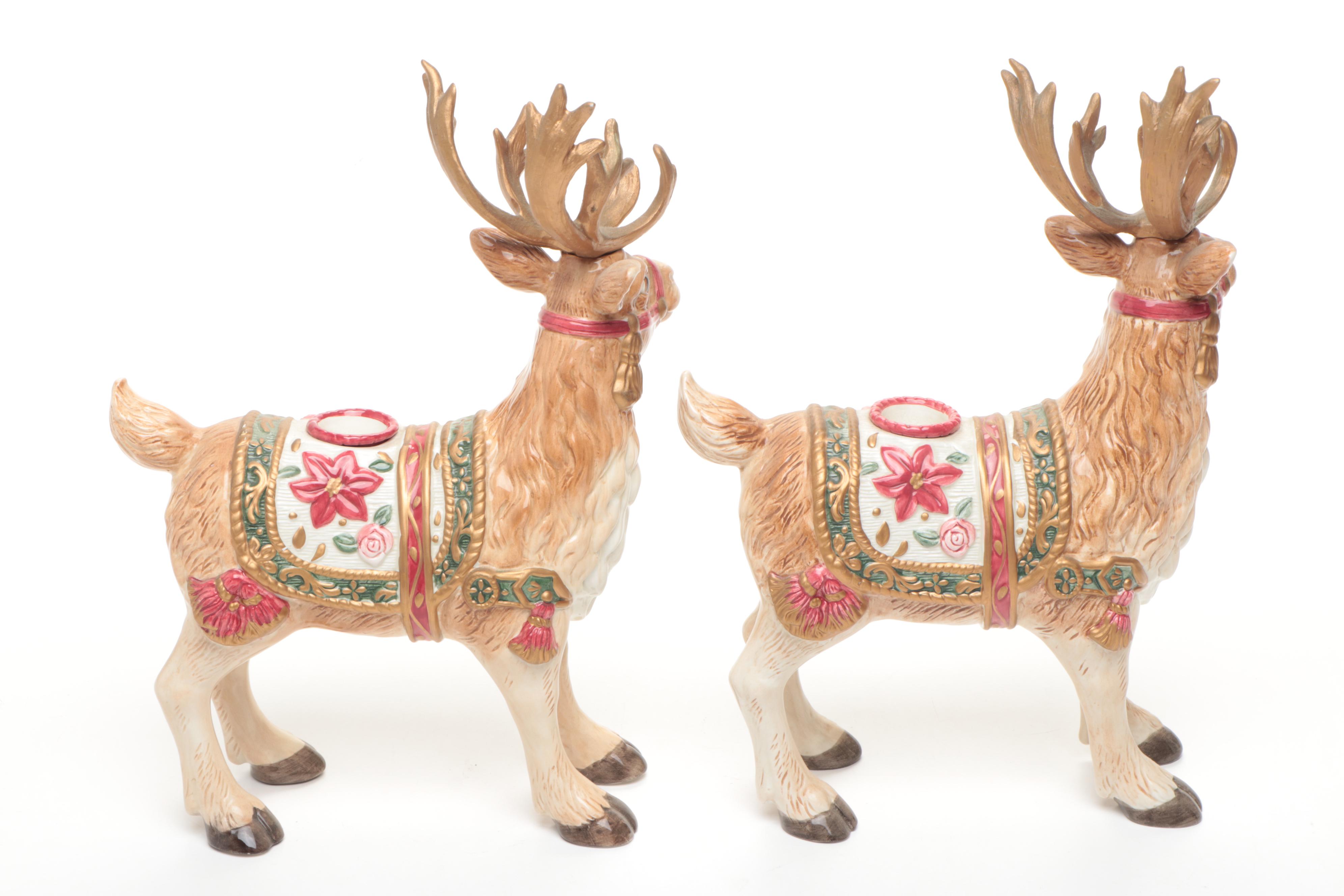 Fitz & Floyd "Jolly Ole St. Nick" with Ceramic Reindeer Figurines