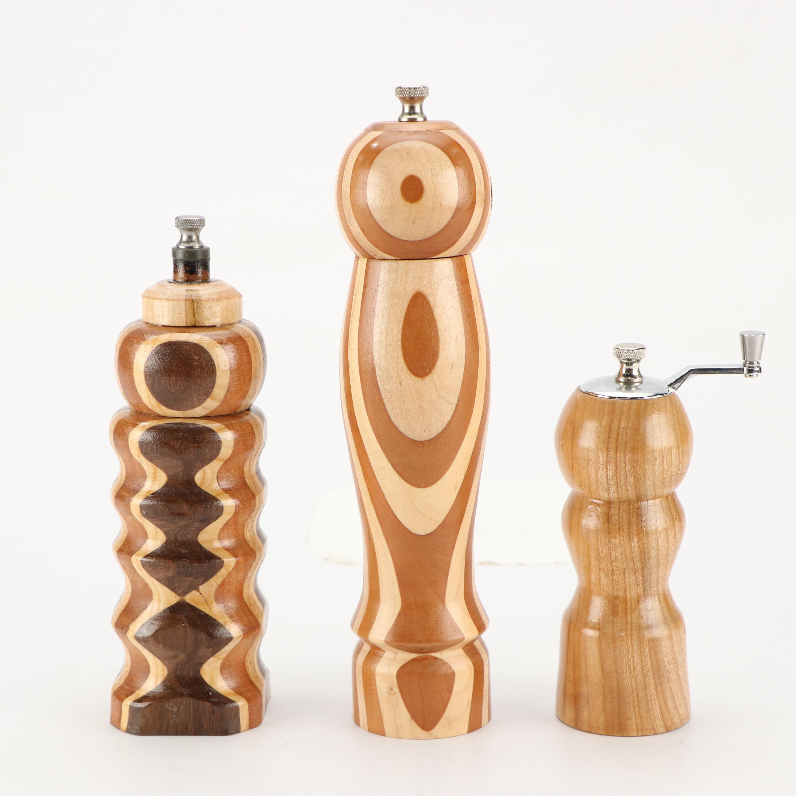 Contemporary Segmented and Turned Wood Pepper Mills with Cutting Board