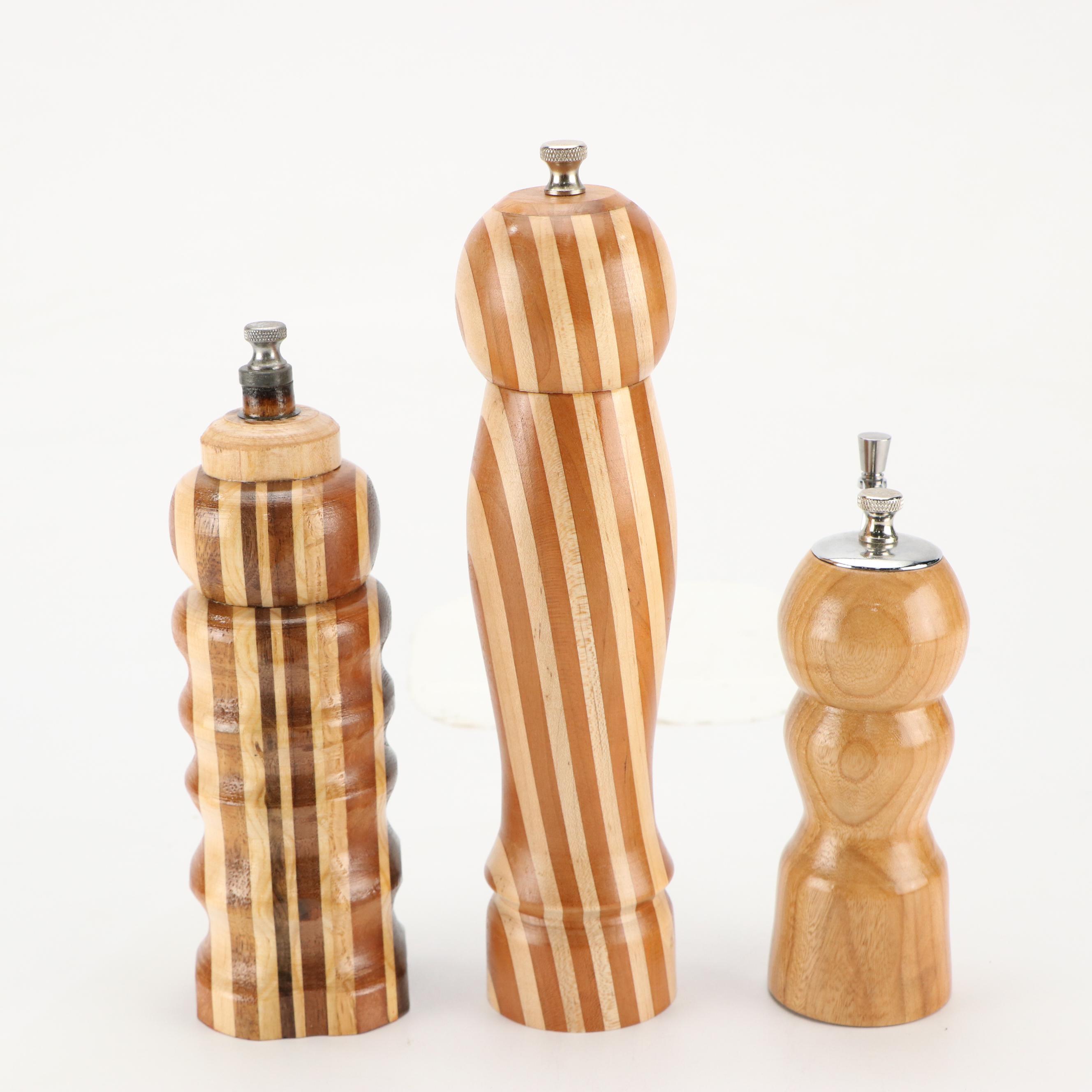 Contemporary Segmented and Turned Wood Pepper Mills with Cutting Board