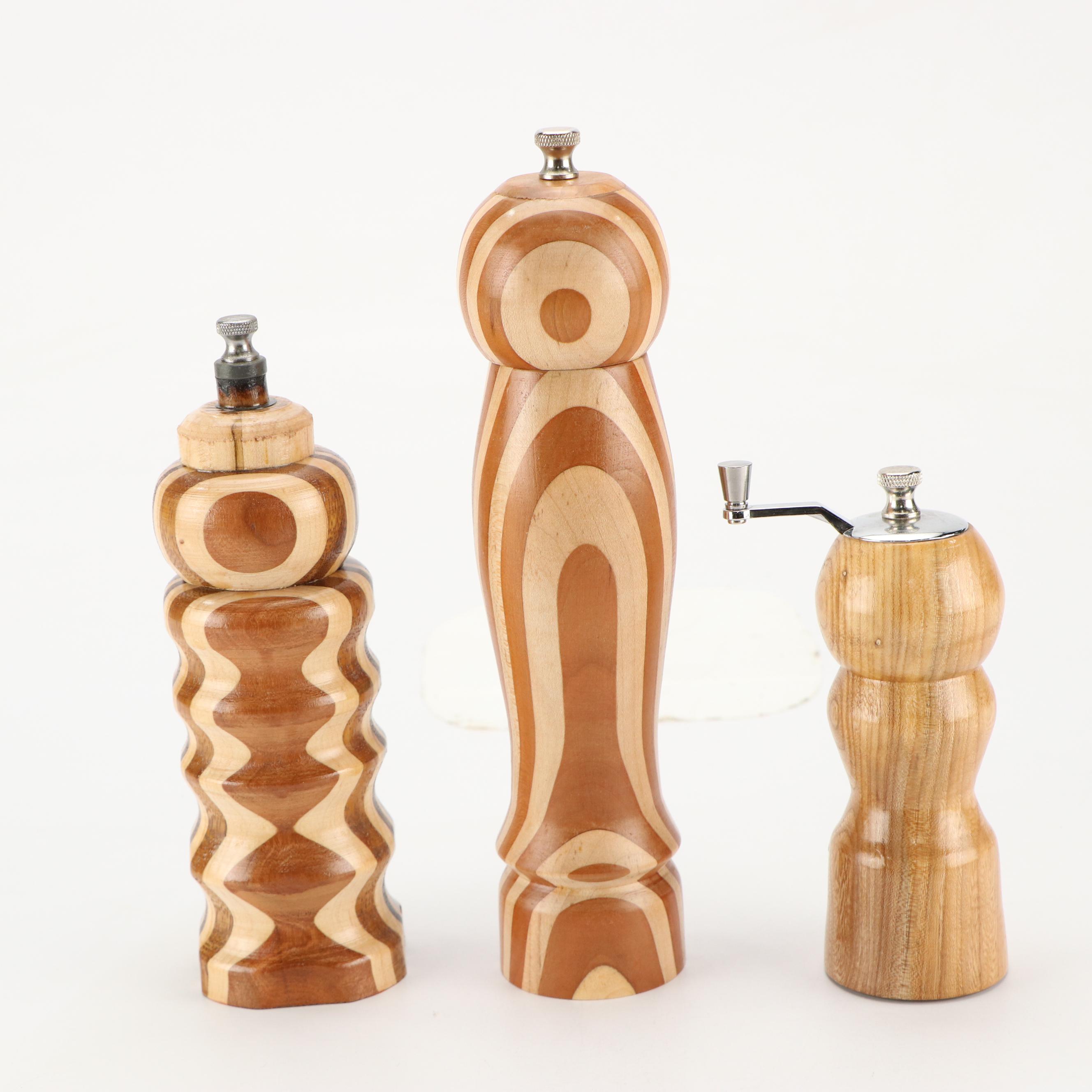 Contemporary Segmented and Turned Wood Pepper Mills with Cutting Board