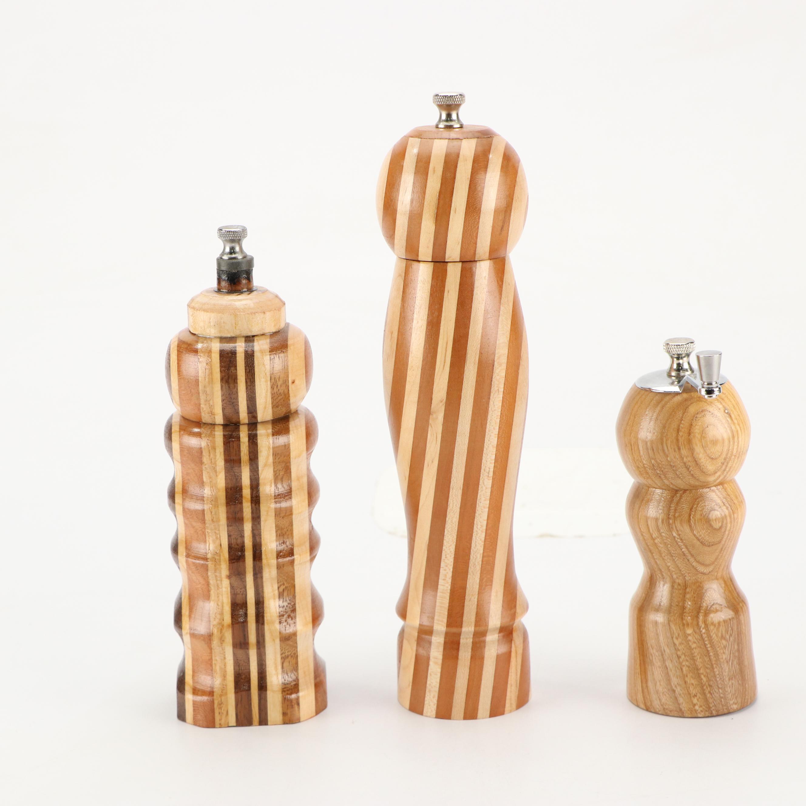 Contemporary Segmented and Turned Wood Pepper Mills with Cutting Board