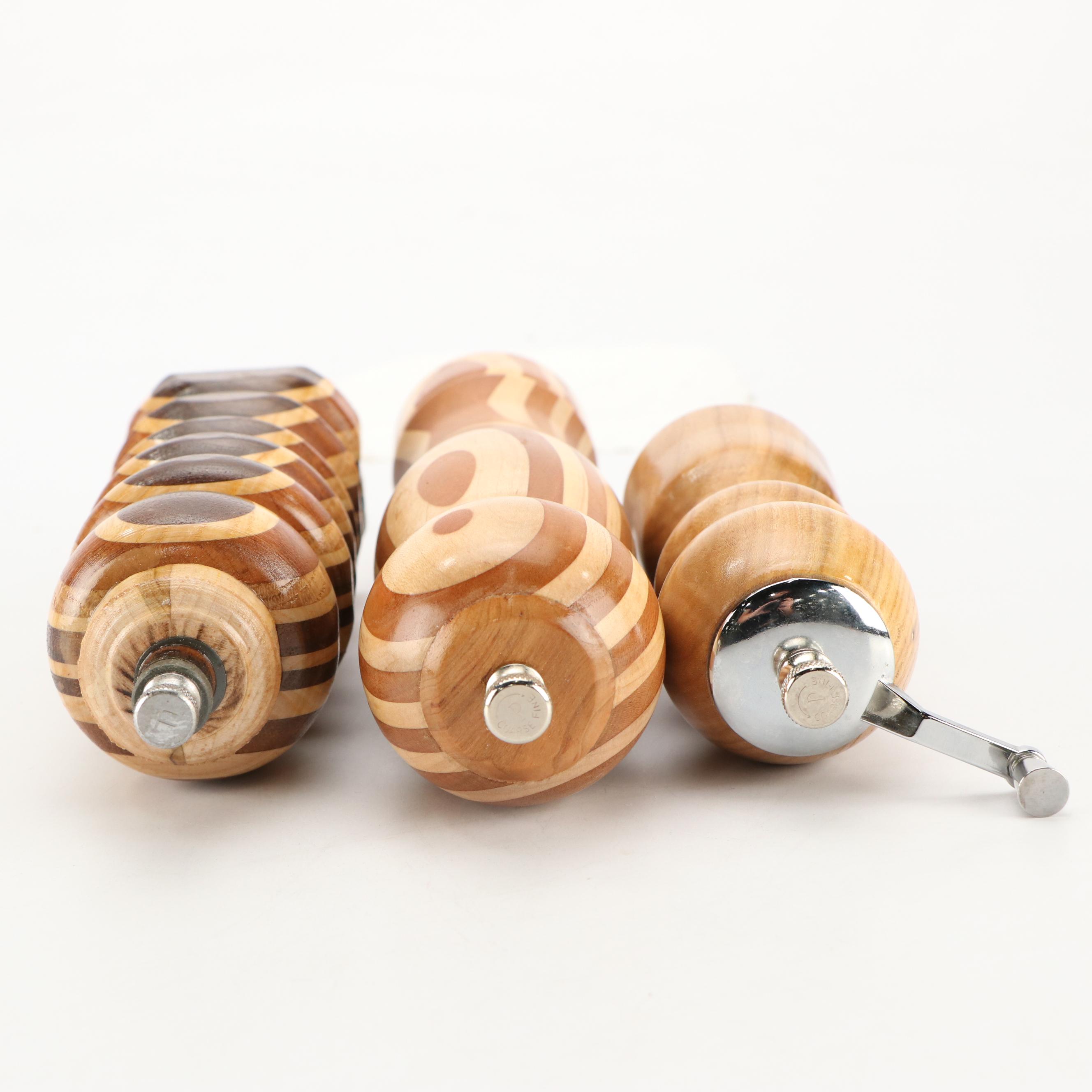 Contemporary Segmented and Turned Wood Pepper Mills with Cutting Board