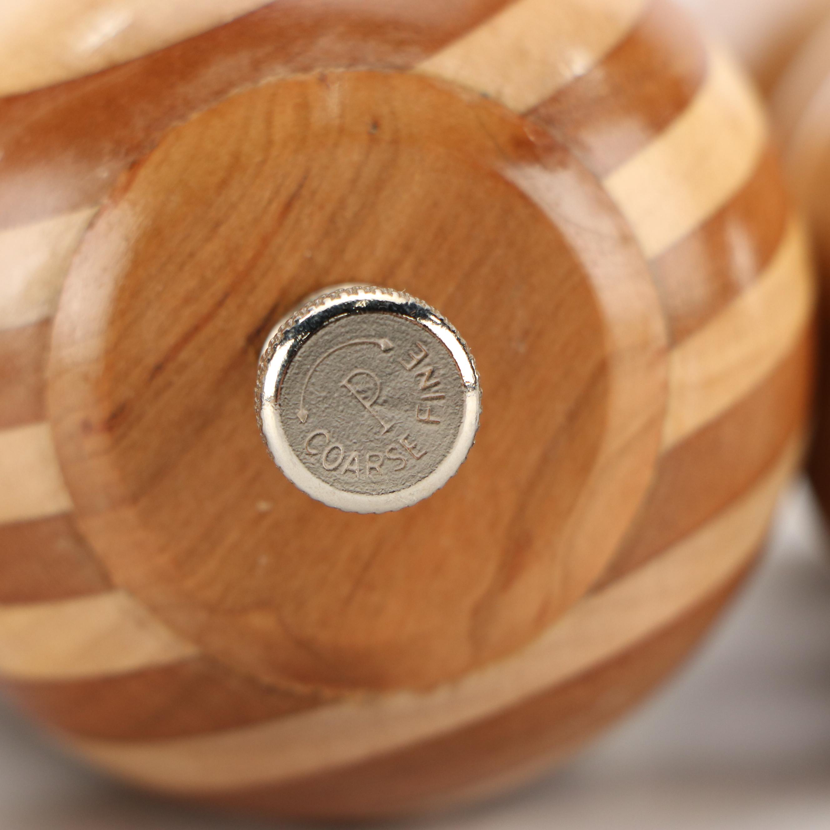 Contemporary Segmented and Turned Wood Pepper Mills with Cutting Board