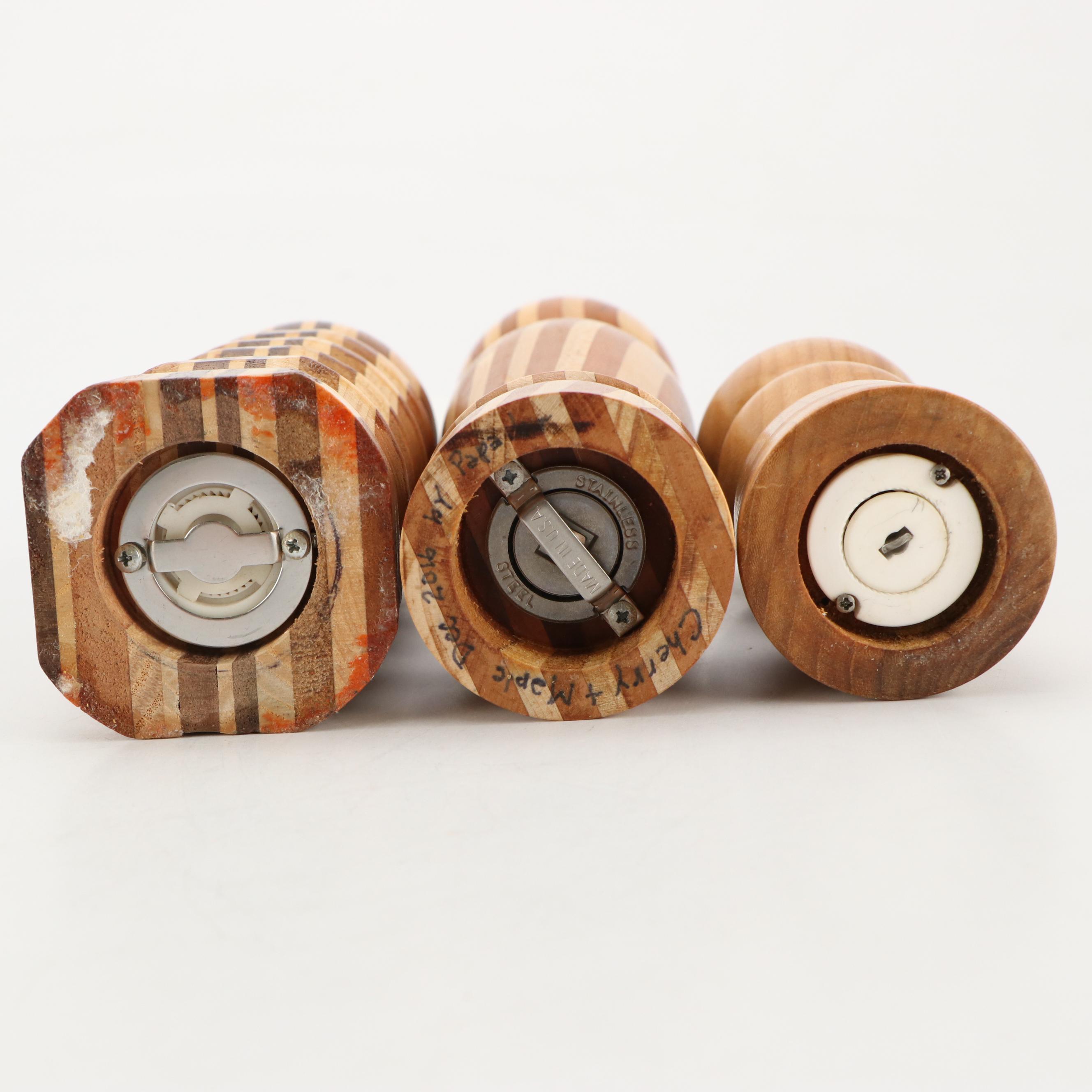 Contemporary Segmented and Turned Wood Pepper Mills with Cutting Board