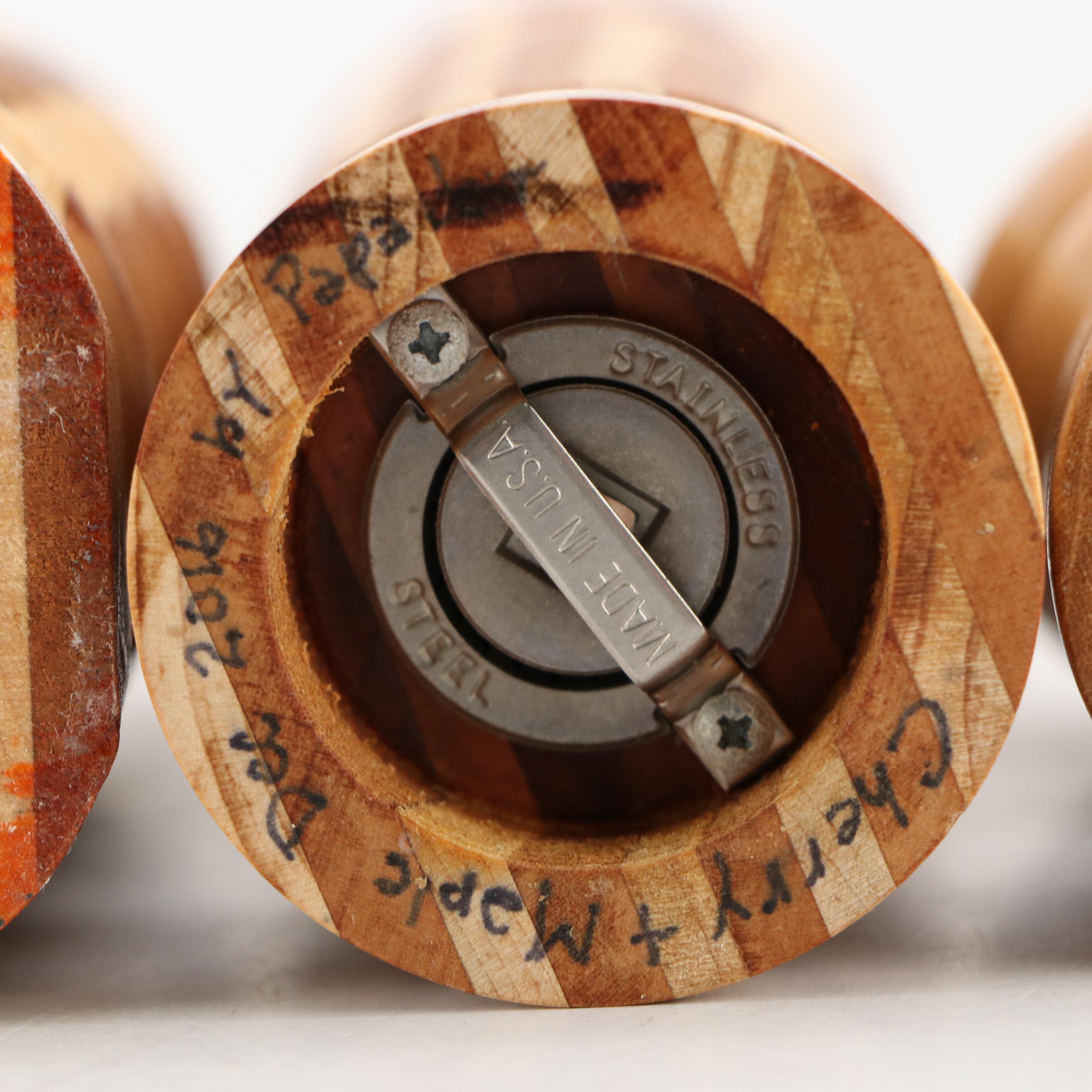 Contemporary Segmented and Turned Wood Pepper Mills with Cutting Board