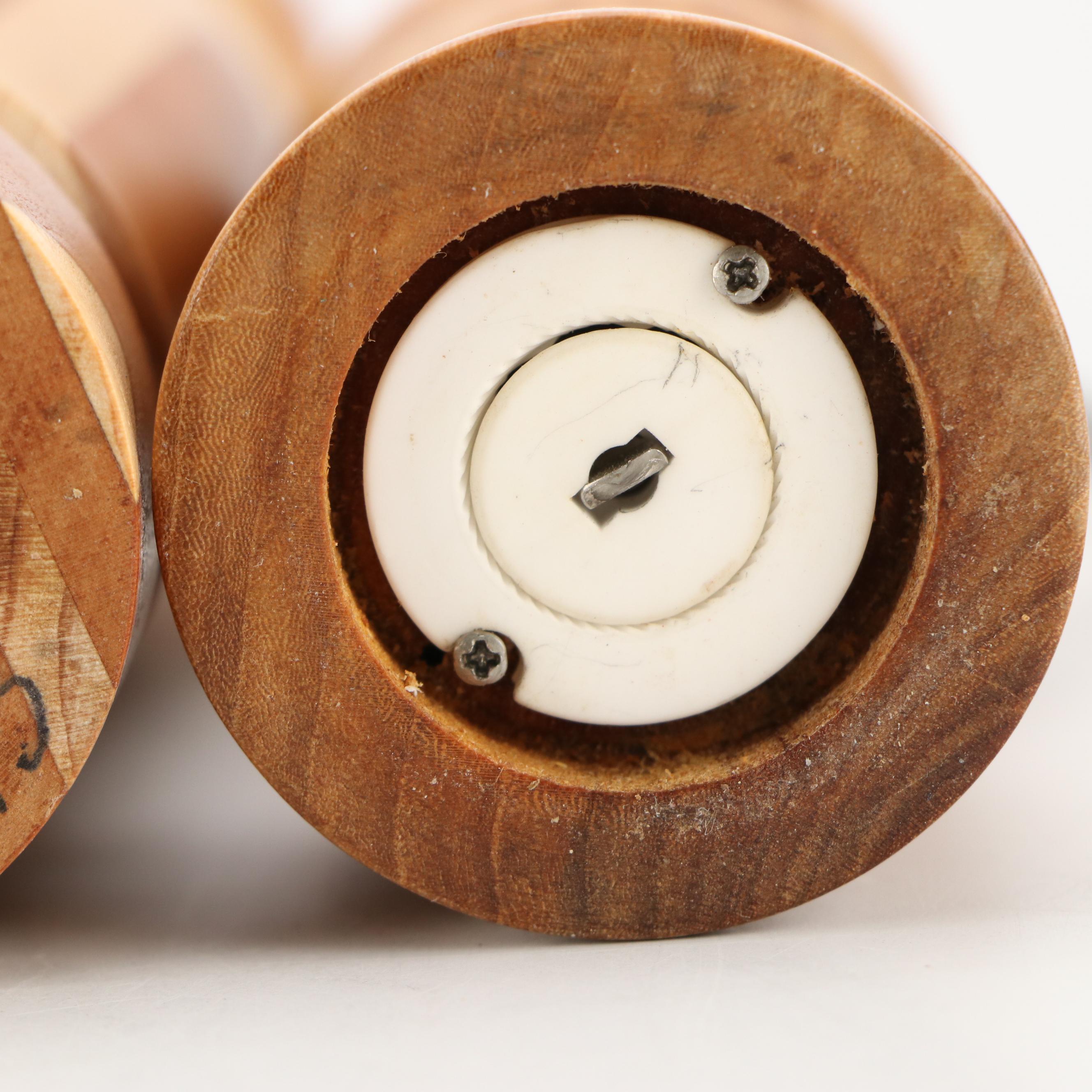 Contemporary Segmented and Turned Wood Pepper Mills with Cutting Board