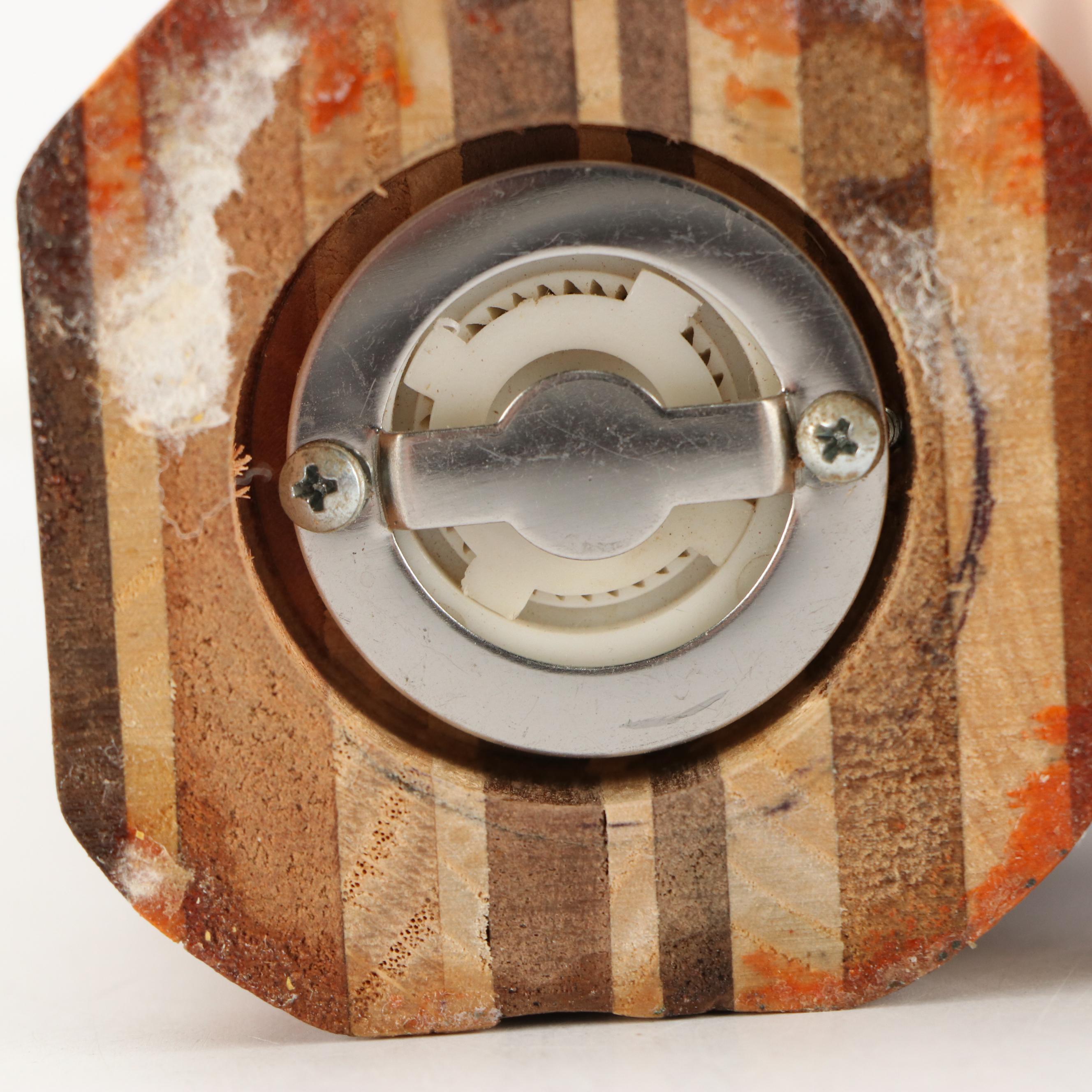 Contemporary Segmented and Turned Wood Pepper Mills with Cutting Board