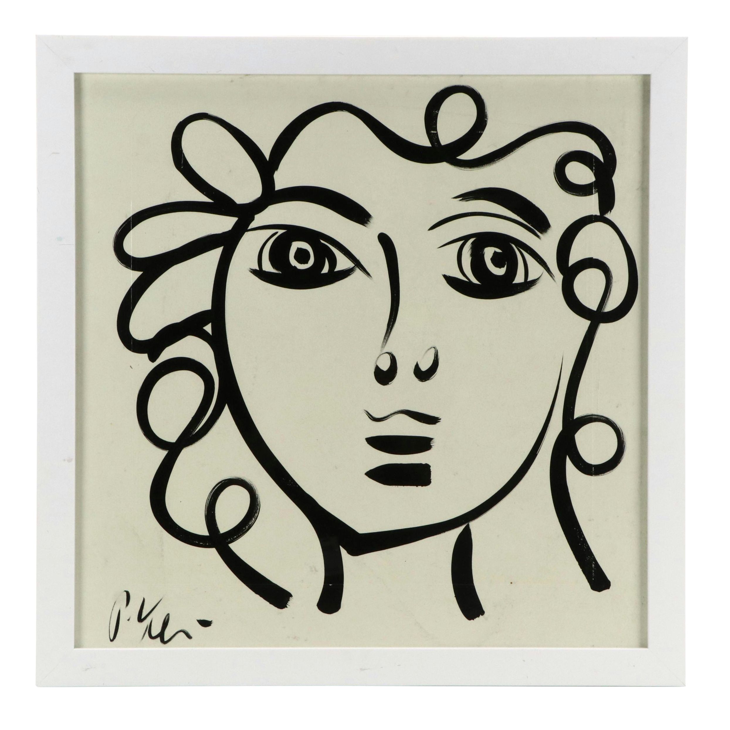 Peter Keil Abstract Portrait Acrylic Painting, Late 20th Century