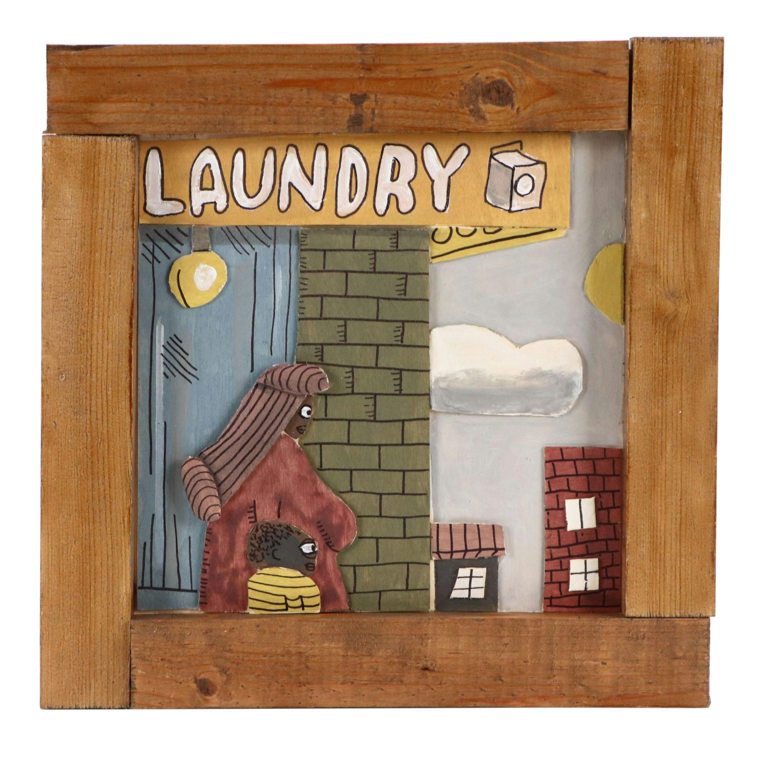 Aaron Wooten Stylized Dimensional Figural Acrylic Painting "Laundry," 2025