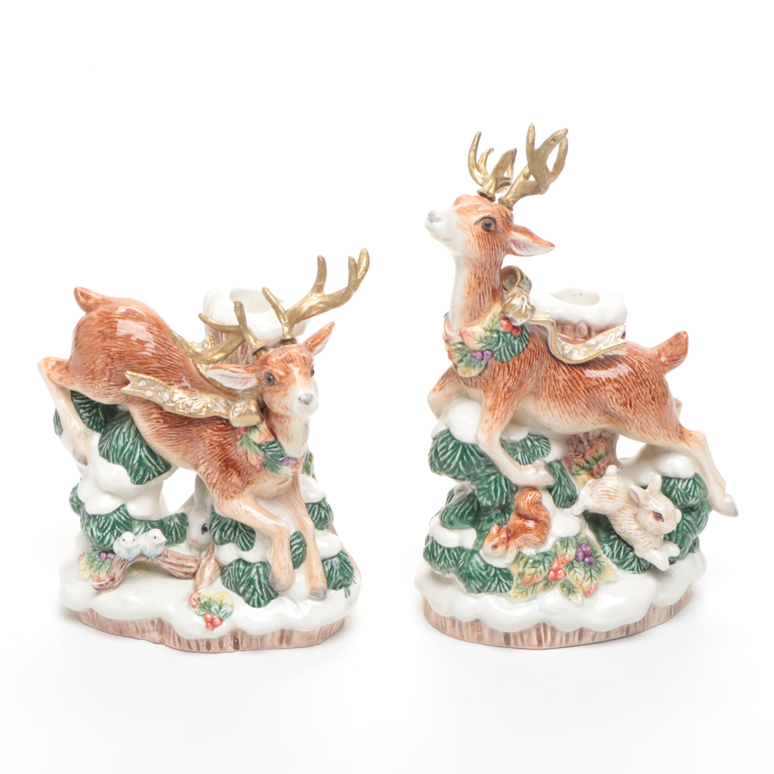 Fitz & Floyd Reindeer Candlesticks with "Jolly Ole Saint Nick" Cookie Jar