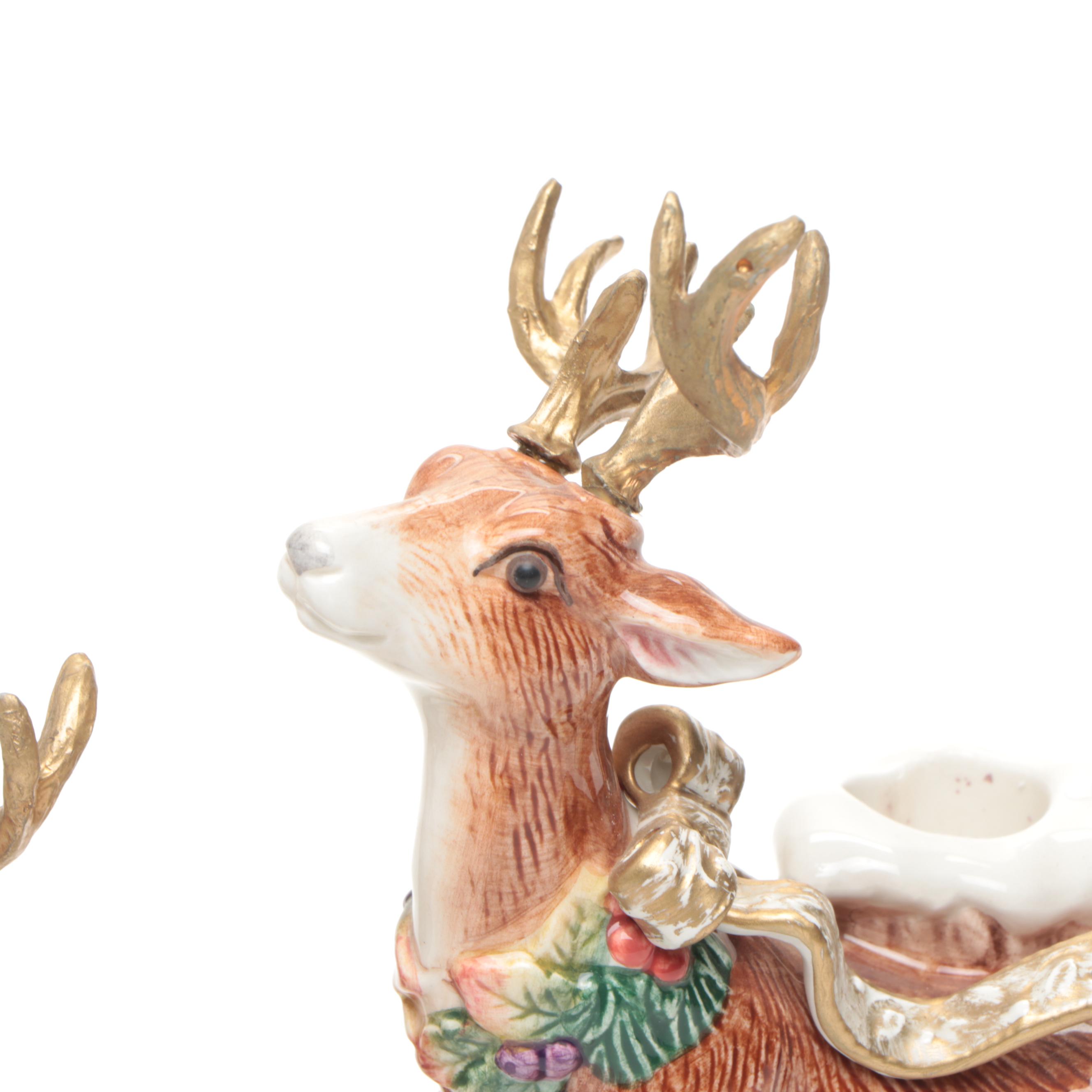 Fitz & Floyd Reindeer Candlesticks with "Jolly Ole Saint Nick" Cookie Jar