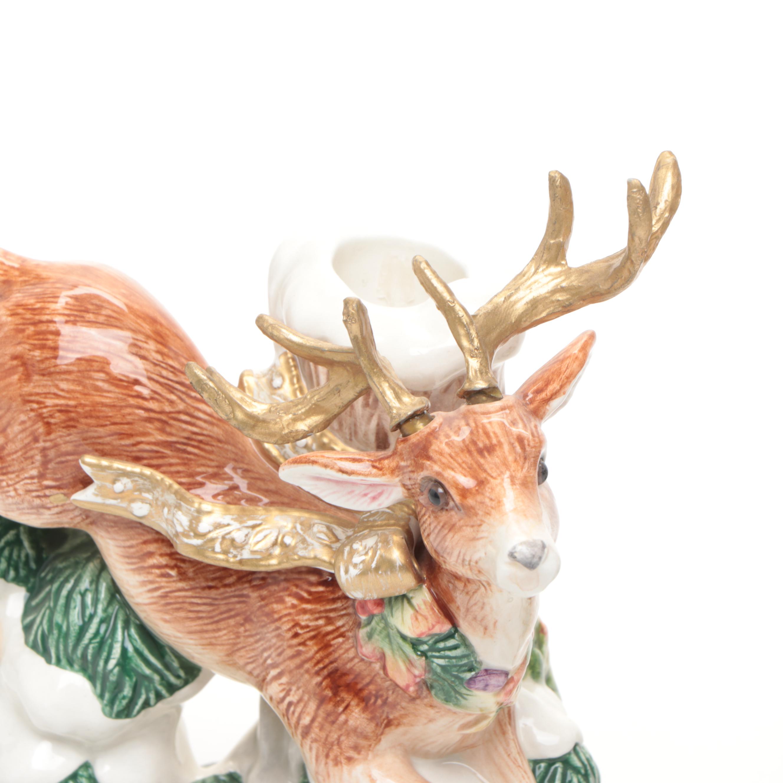 Fitz & Floyd Reindeer Candlesticks with "Jolly Ole Saint Nick" Cookie Jar