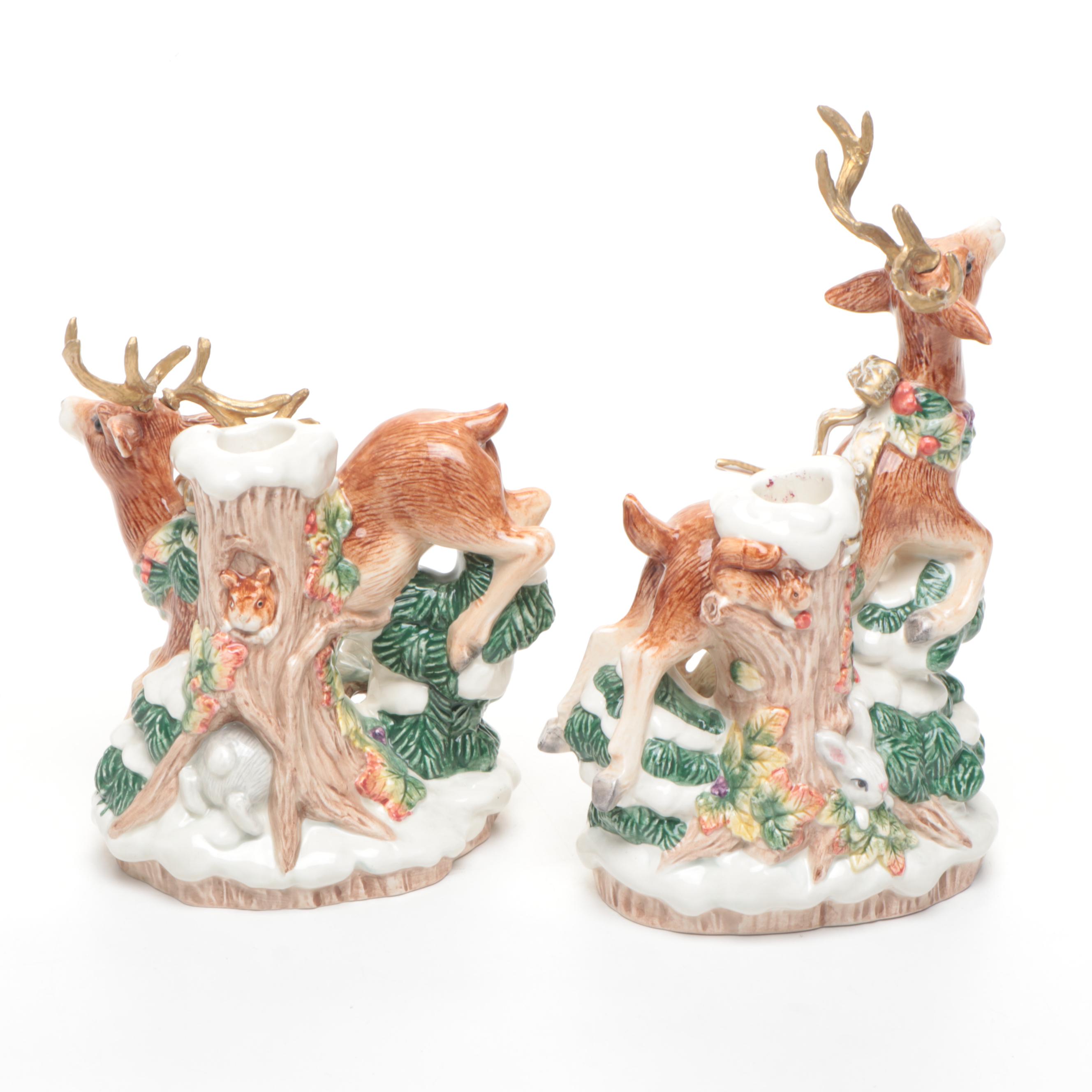 Fitz & Floyd Reindeer Candlesticks with "Jolly Ole Saint Nick" Cookie Jar