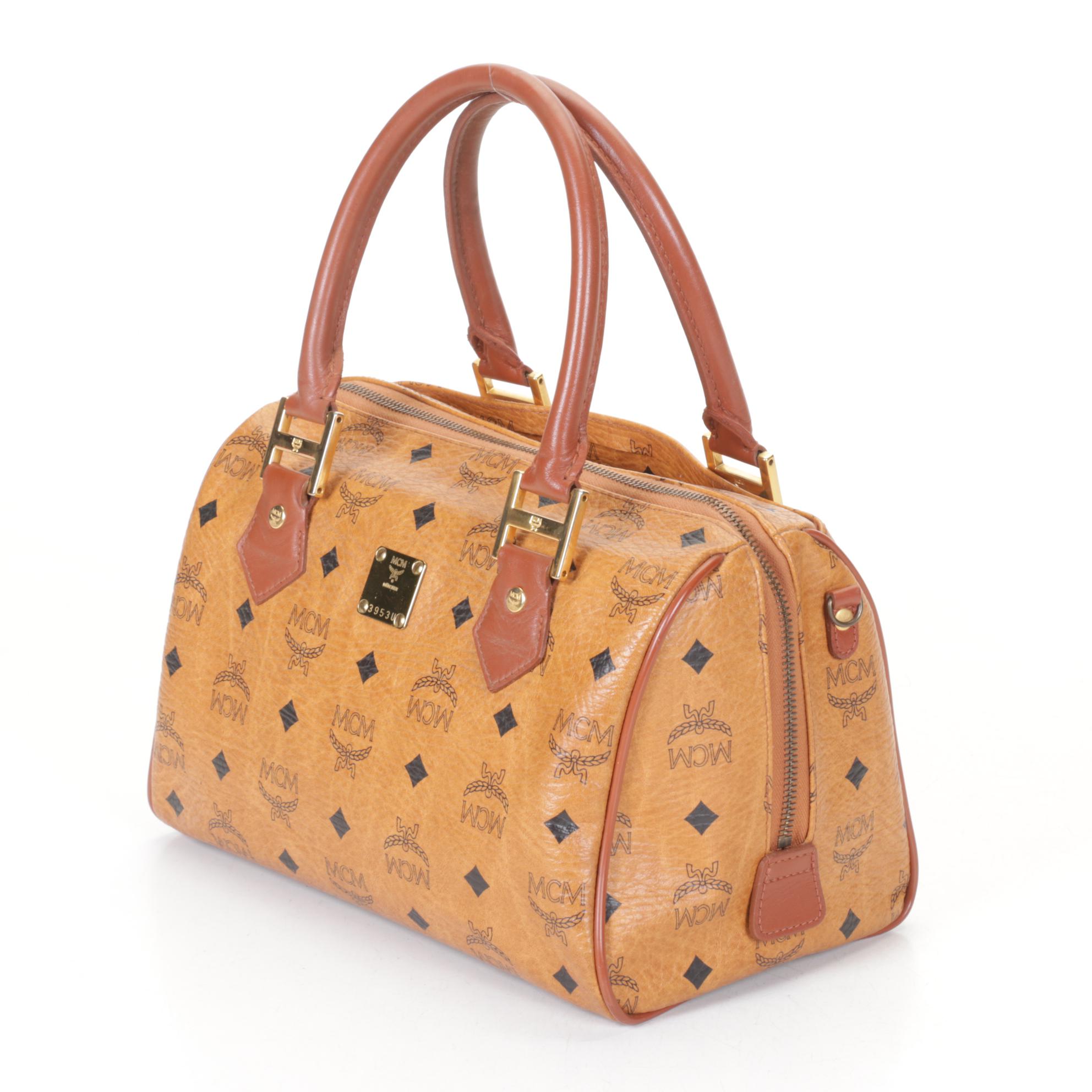 MCM Medium Boston Bag in Cognac Visetos Canvas & Leather
