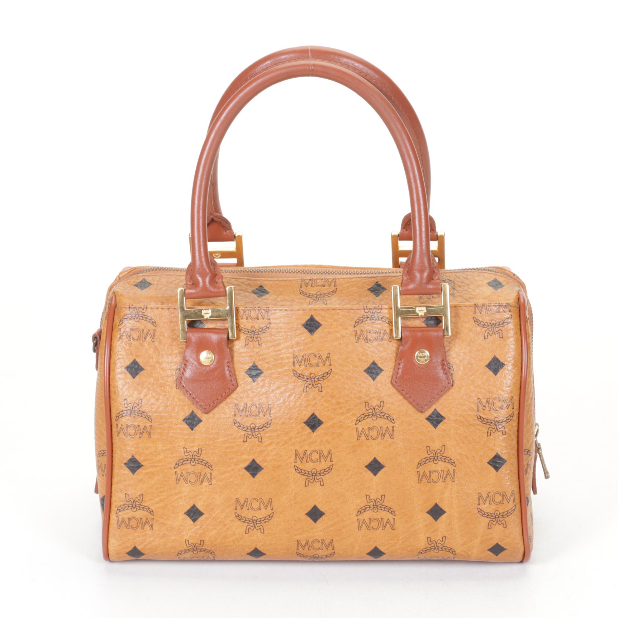 MCM Medium Boston Bag in Cognac Visetos Canvas & Leather
