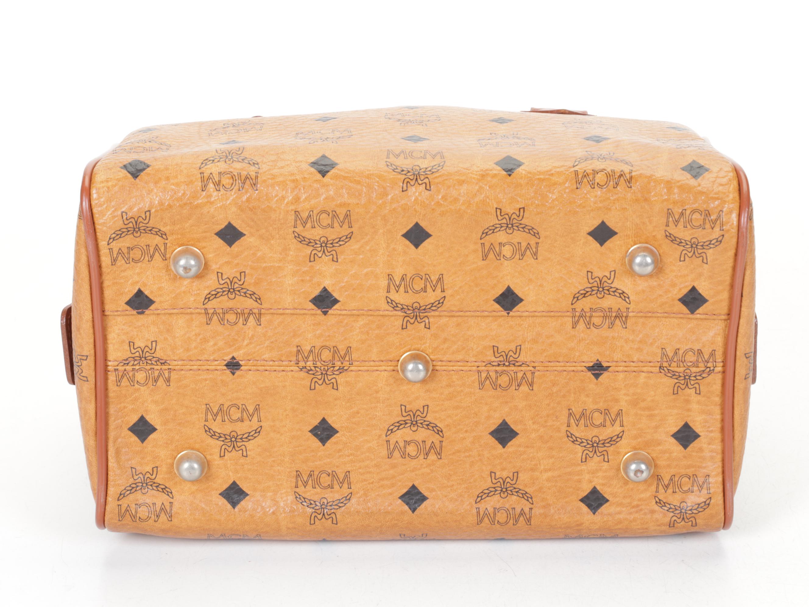 MCM Medium Boston Bag in Cognac Visetos Canvas & Leather