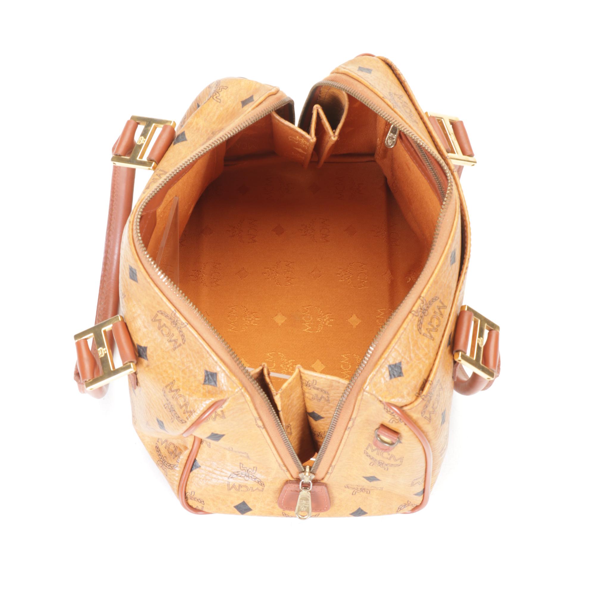 MCM Medium Boston Bag in Cognac Visetos Canvas & Leather