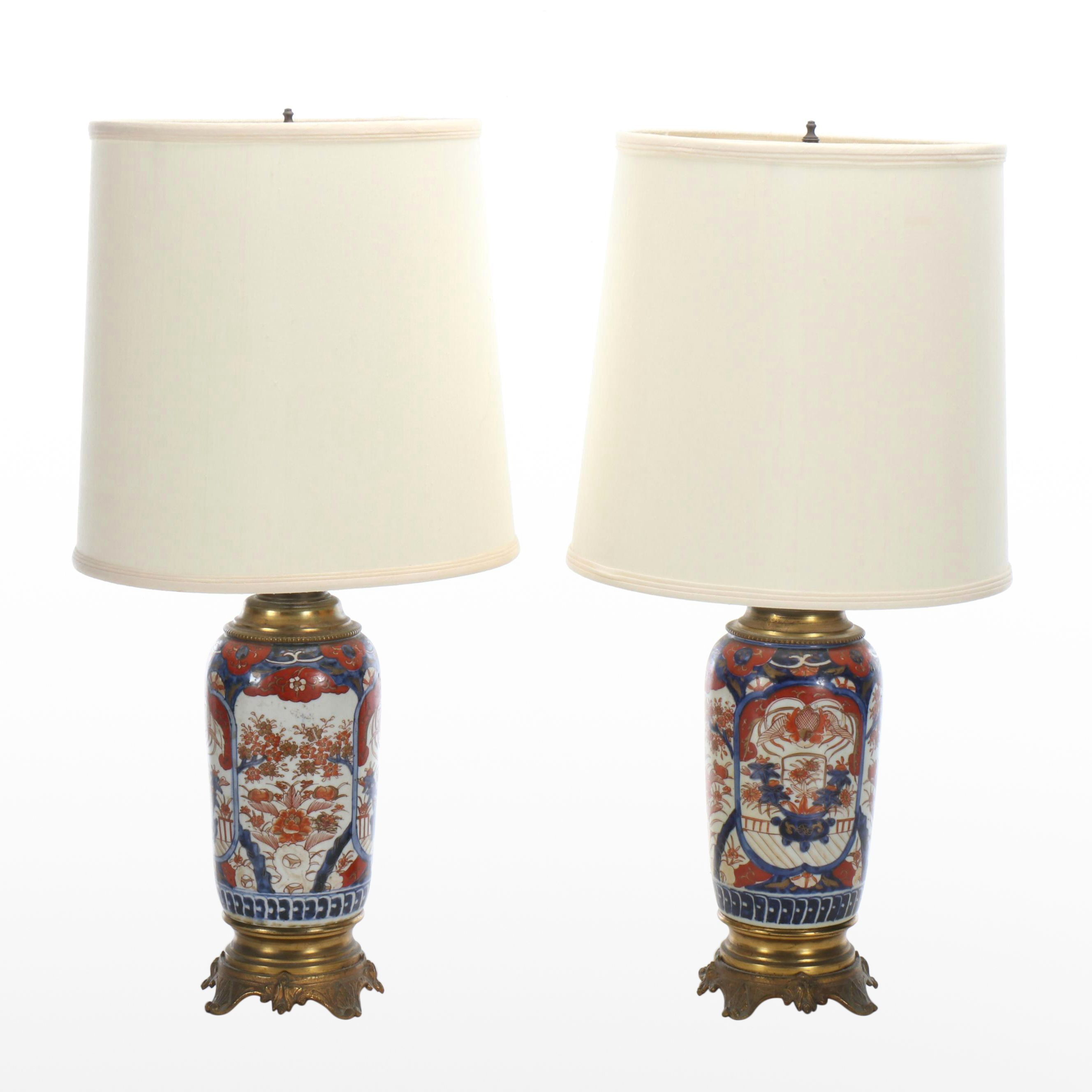 Japanese Imari Porcelain Style Vase Table Lamps with Silk Drum Shades