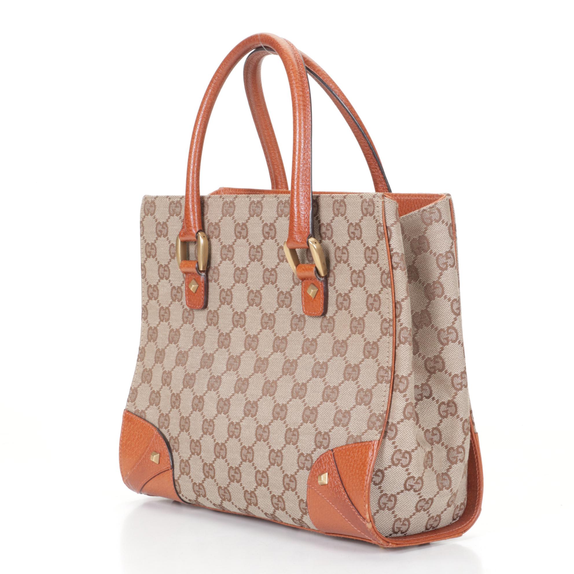 Gucci Nailhead Tote Bag in GG Canvas and Orange Tan Leather