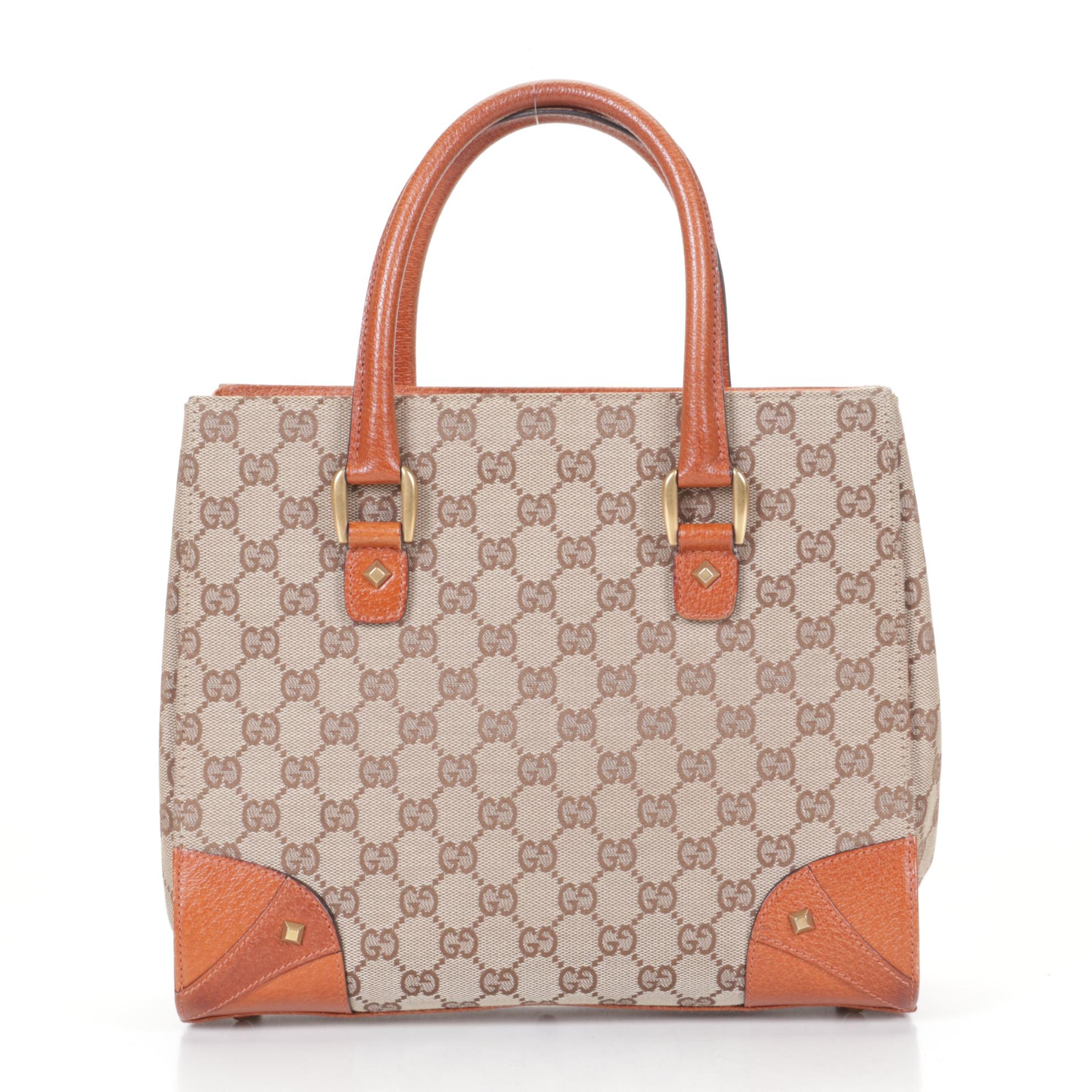 Gucci Nailhead Tote Bag in GG Canvas and Orange Tan Leather