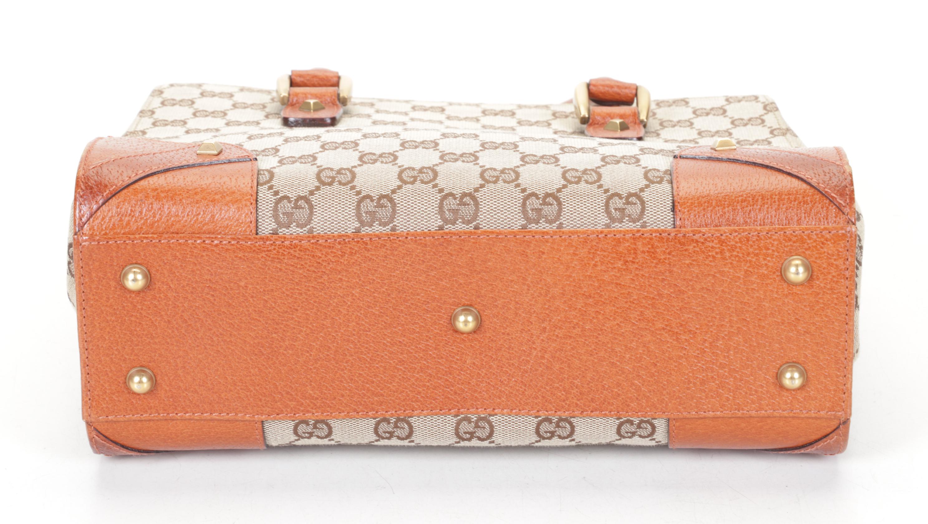 Gucci Nailhead Tote Bag in GG Canvas and Orange Tan Leather