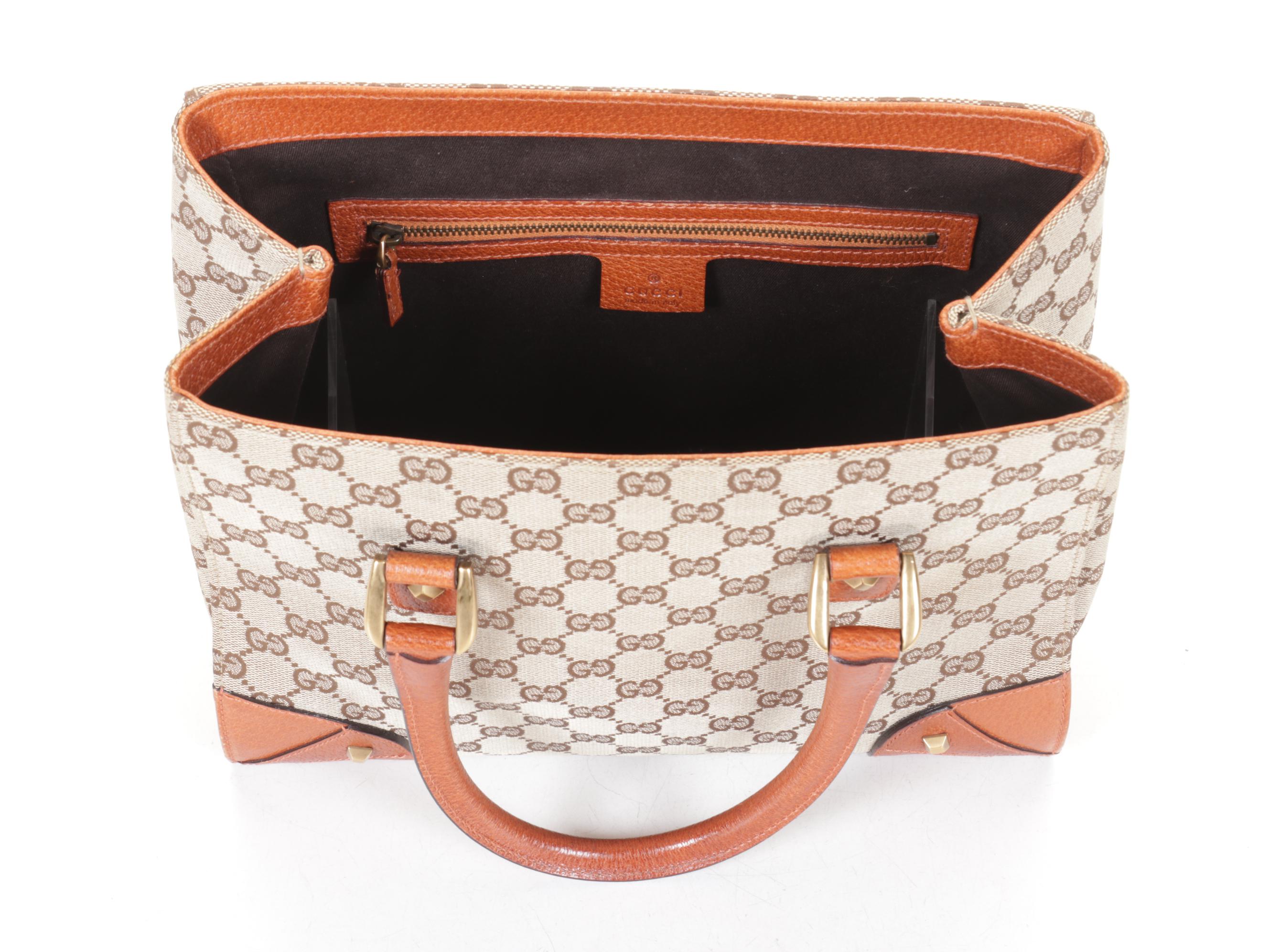 Gucci Nailhead Tote Bag in GG Canvas and Orange Tan Leather