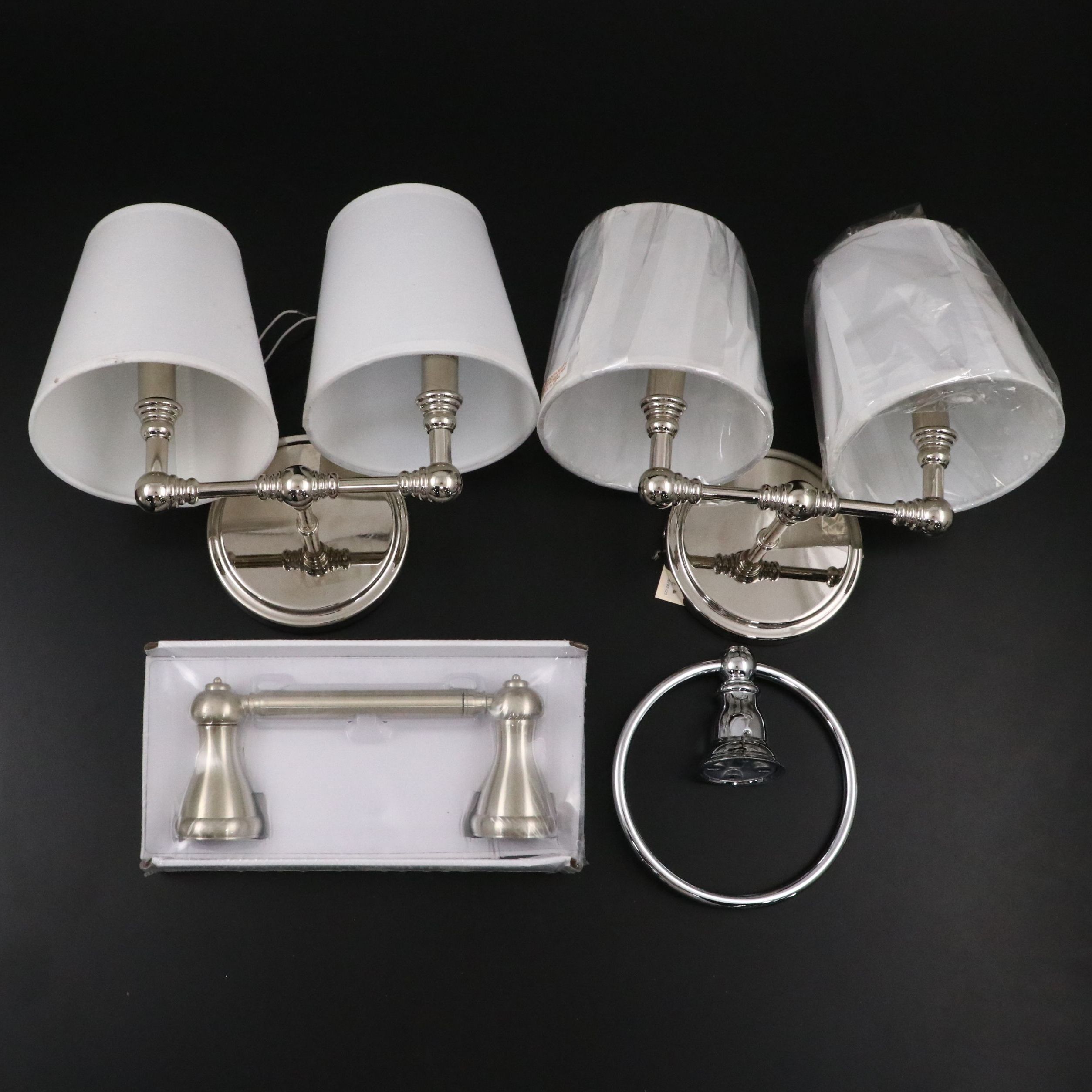 Ballard Designs Amelie 2-Arm Wall Sconces, Moen Brushed Metal Towel Ring, More
