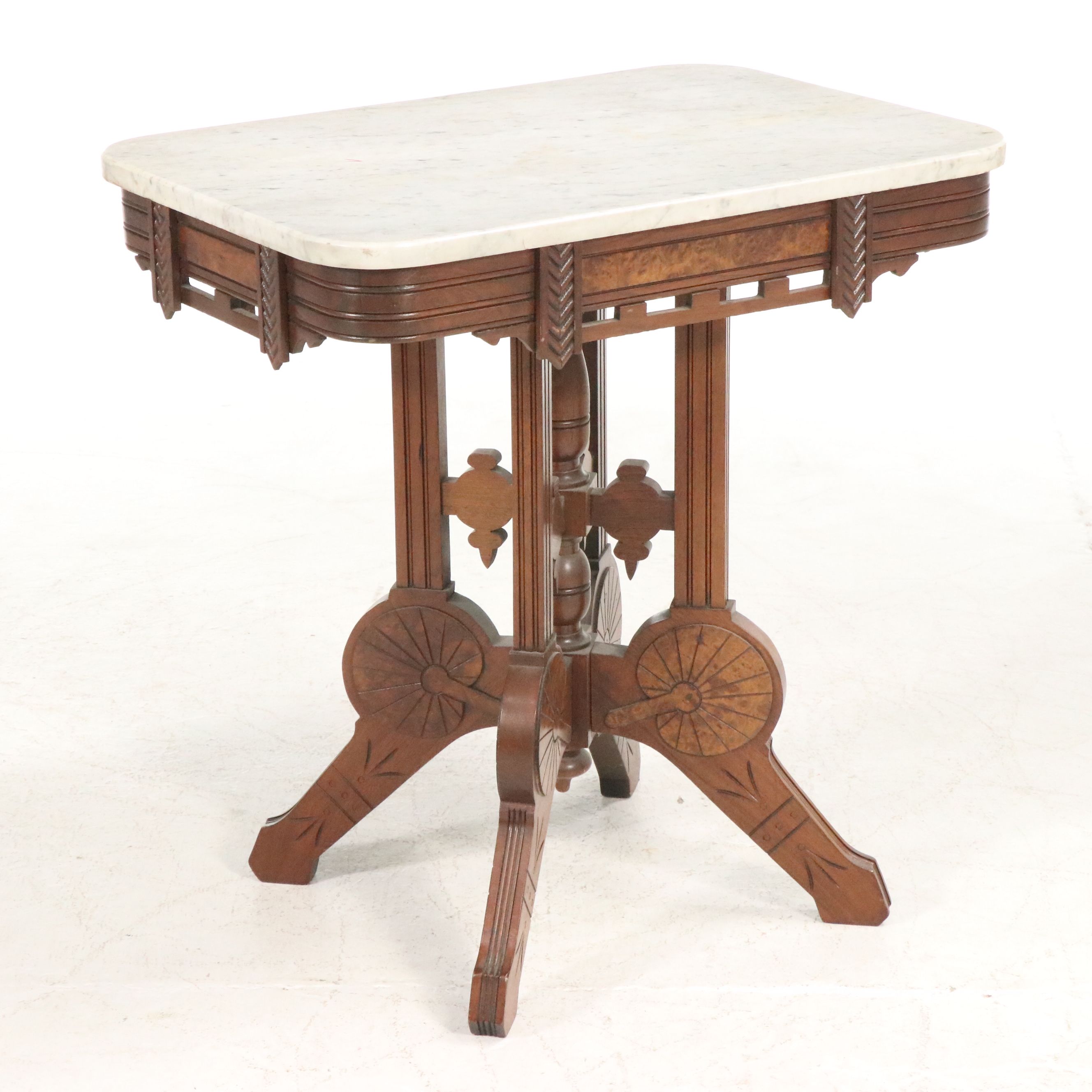 Victorian Eastlake Marble Top Carved Burl Wood and Walnut Parlor Table, 19th C.