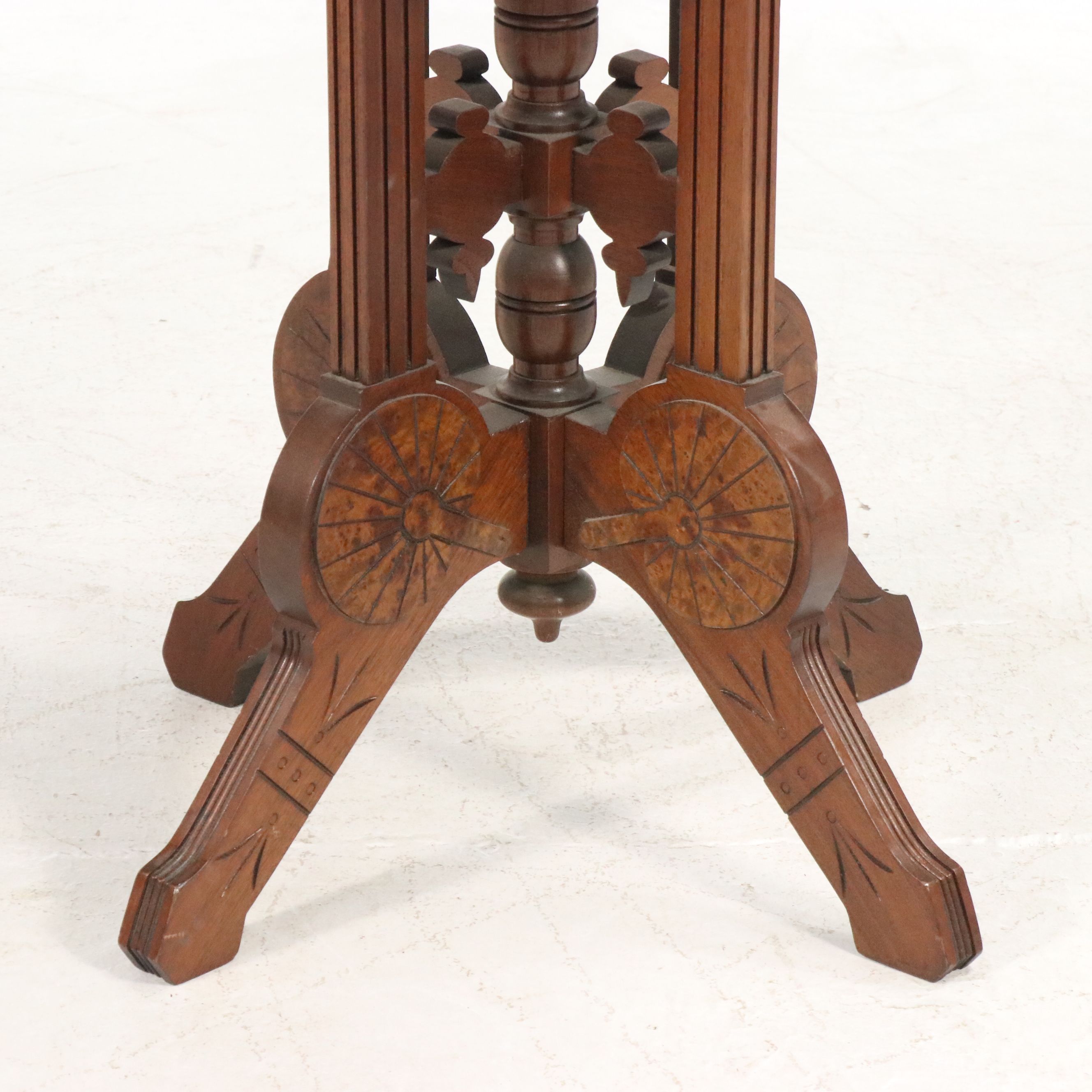 Victorian Eastlake Marble Top Carved Burl Wood and Walnut Parlor Table, 19th C.