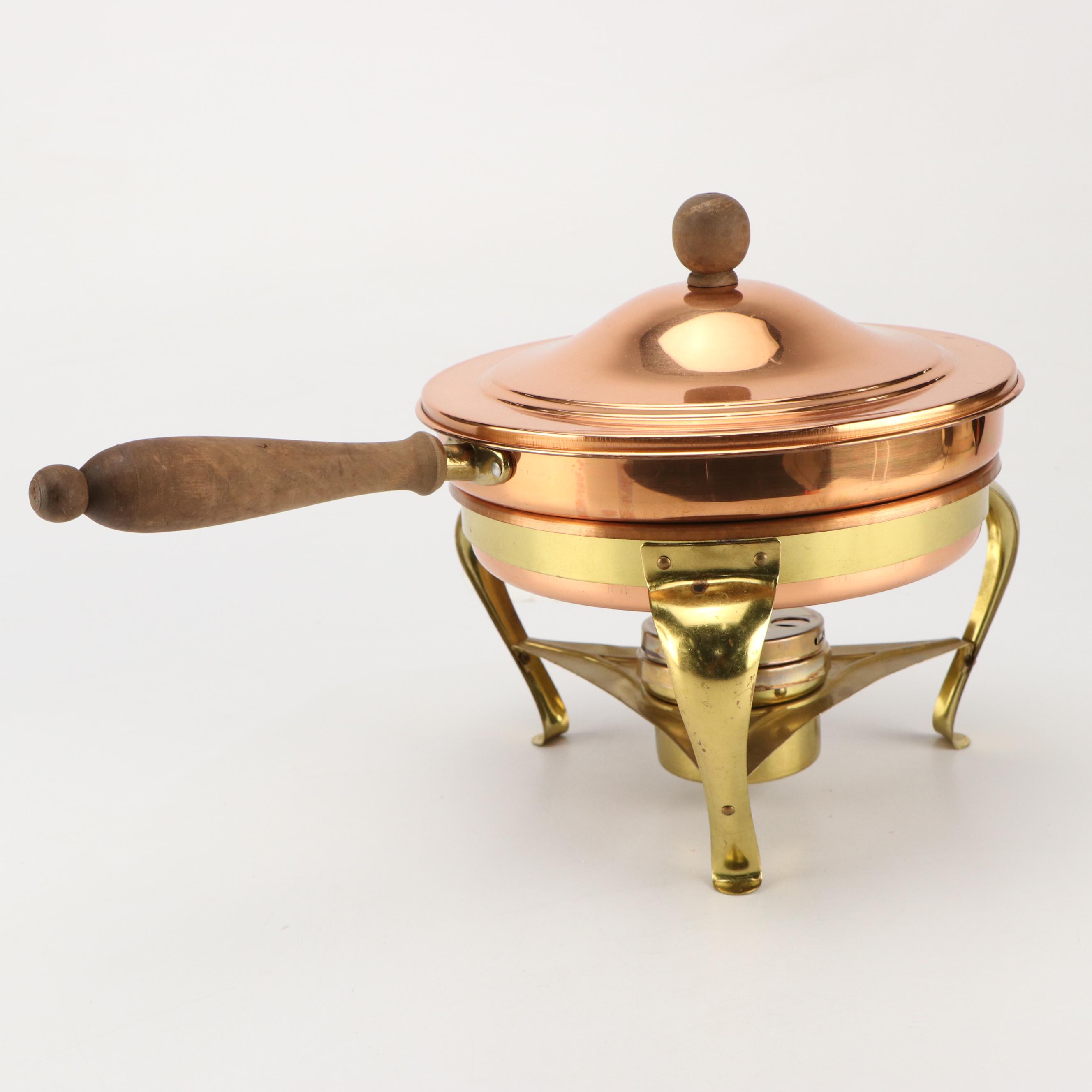 Mid Century Modern Style Copper and Brass Long Handled Chafing Dish