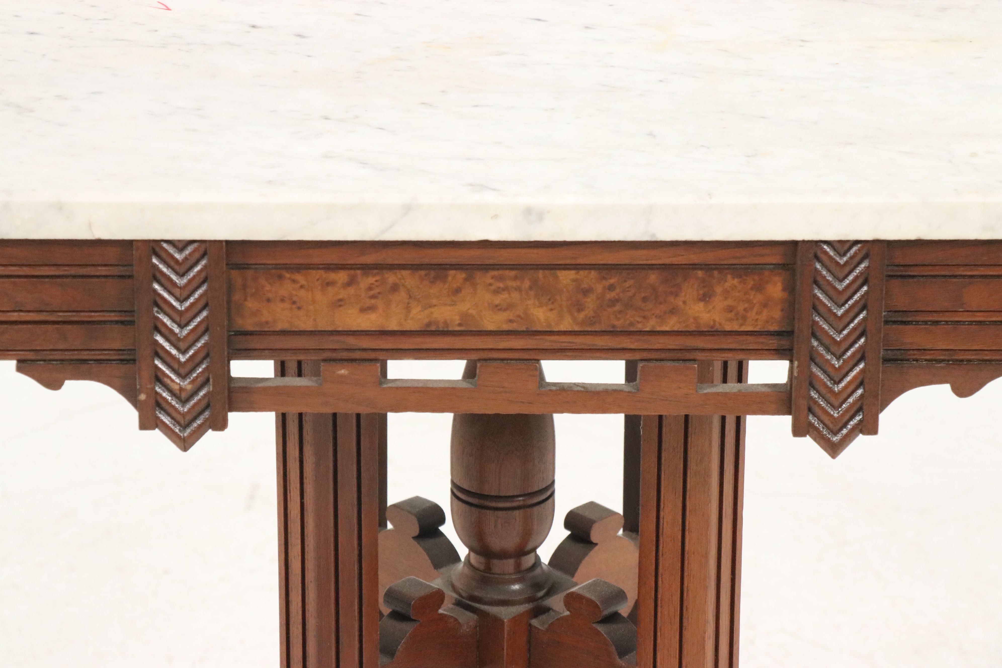 Victorian Eastlake Marble Top Carved Burl Wood and Walnut Parlor Table, 19th C.