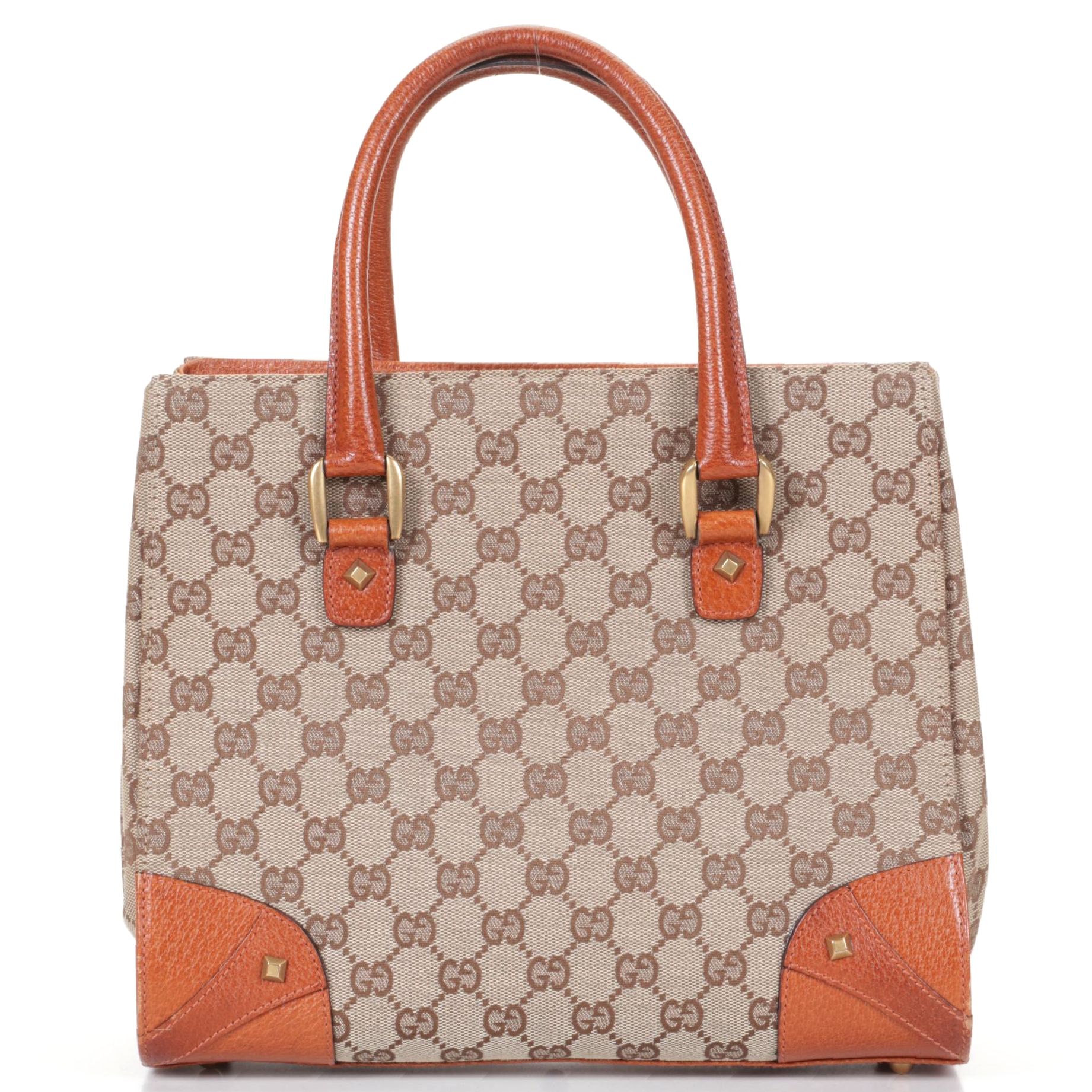 Gucci Nailhead Tote Bag in GG Canvas and Orange Tan Leather