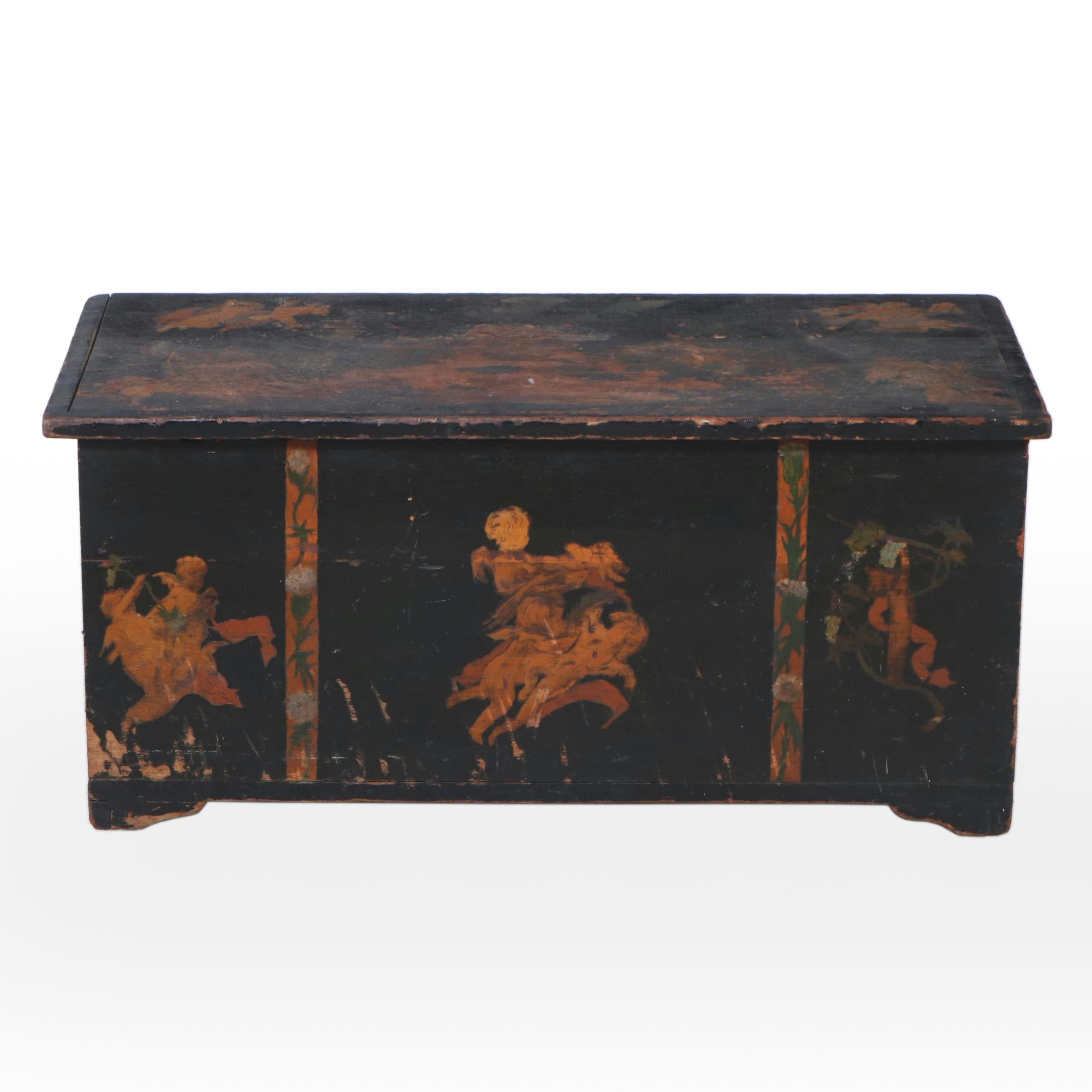 Victorian Paint-Decorated Wooden Flat Top Trunk, 19th Century
