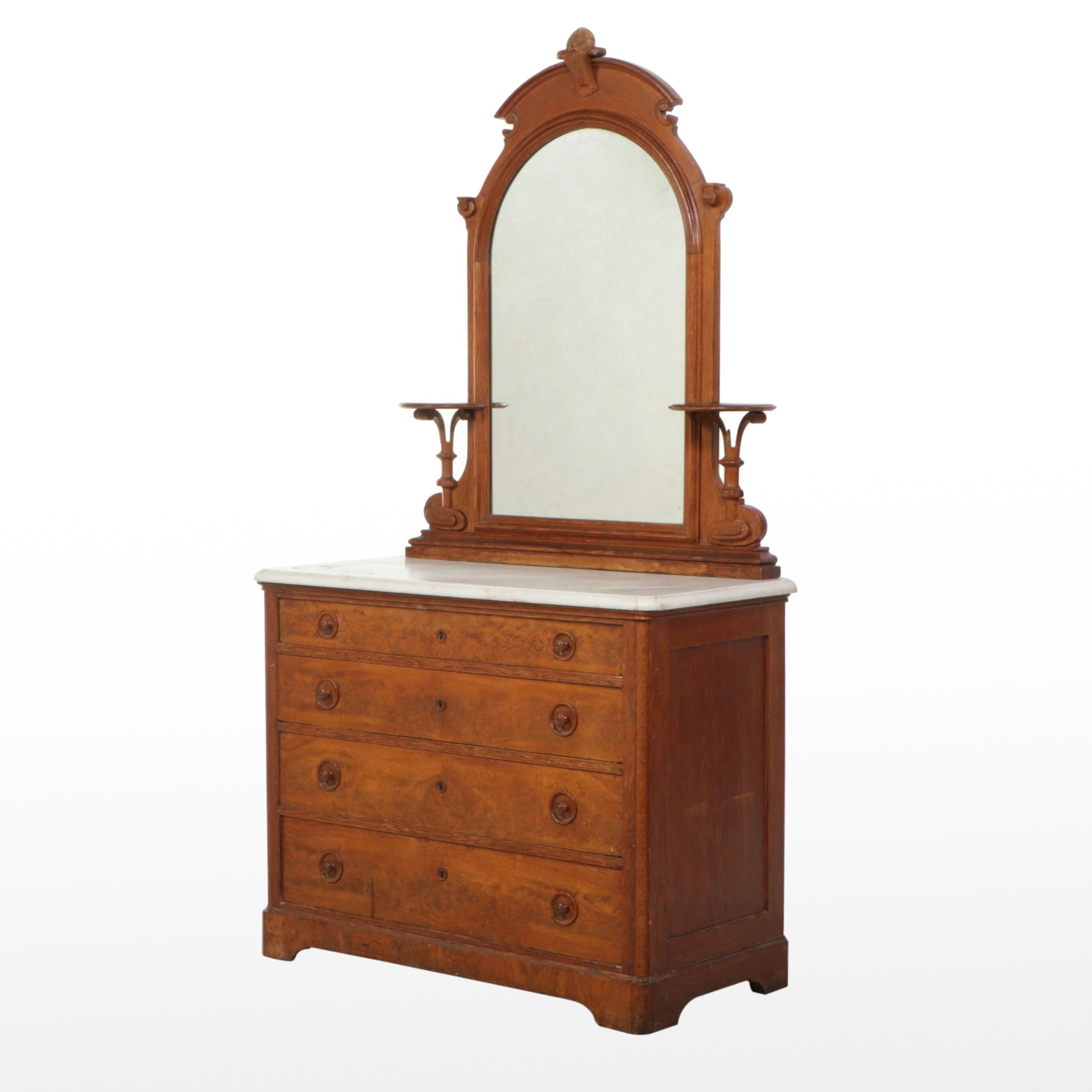 Victorian Marble Top Burl Wood and Oak Dresser with Mirror, 19th Century