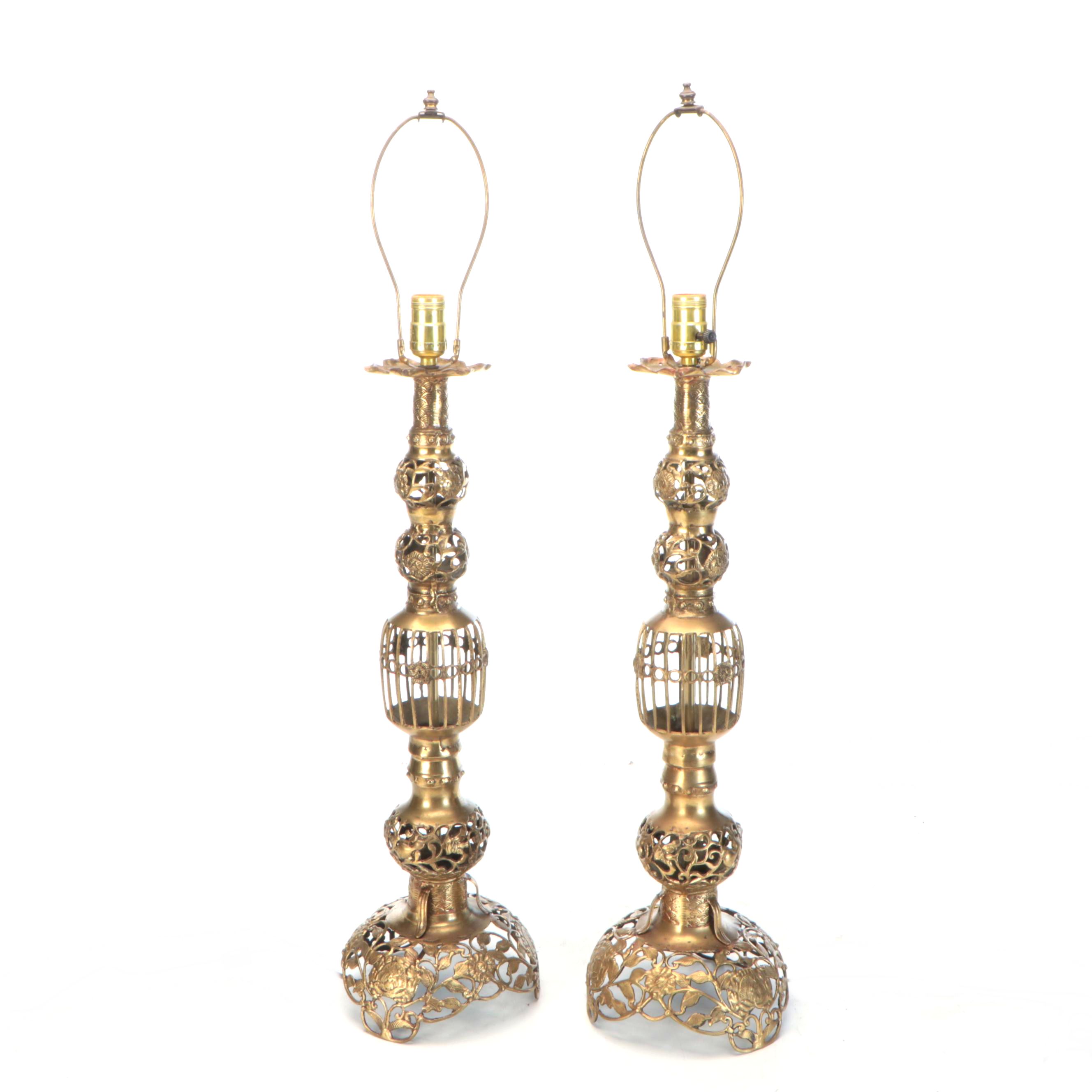 James Mont Style Asian Cast Gilt Metal Openwork Pricket Table Lamps, Mid-20th C