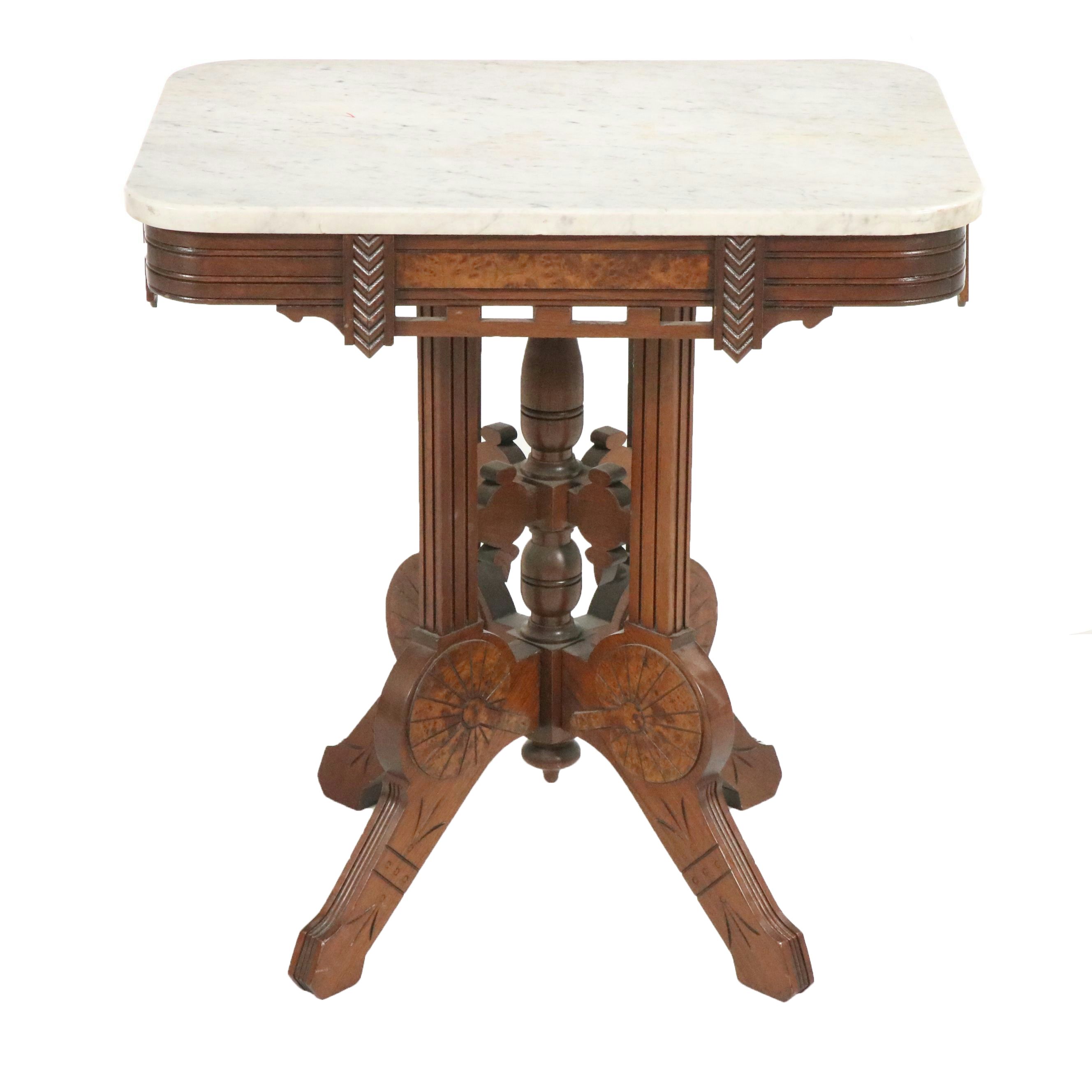 Victorian Eastlake Marble Top Carved Burl Wood and Walnut Parlor Table, 19th C.