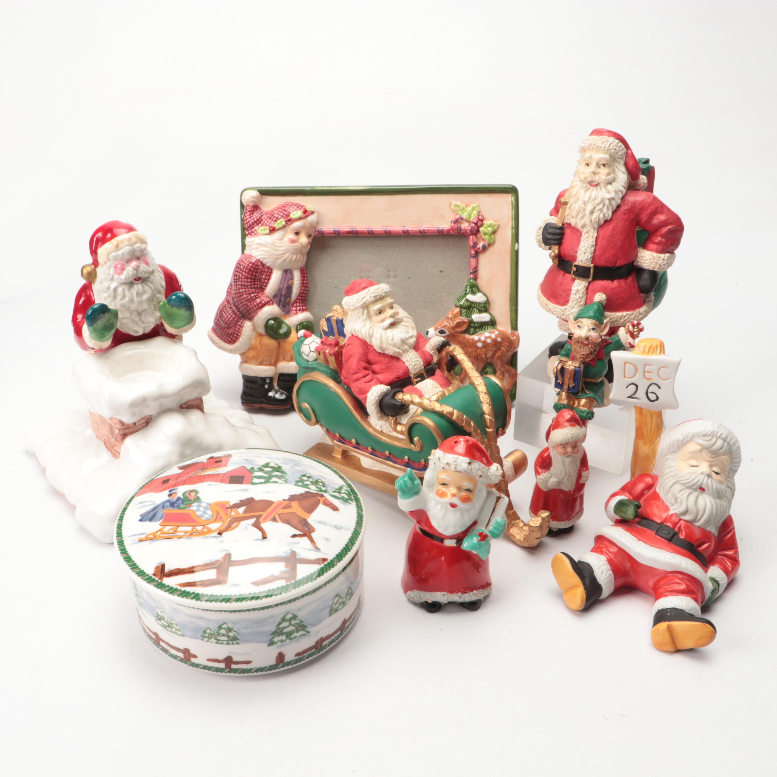 Mikasa Winter Scene Porcelain Box with Santa Figurine and Other Christmas Decor