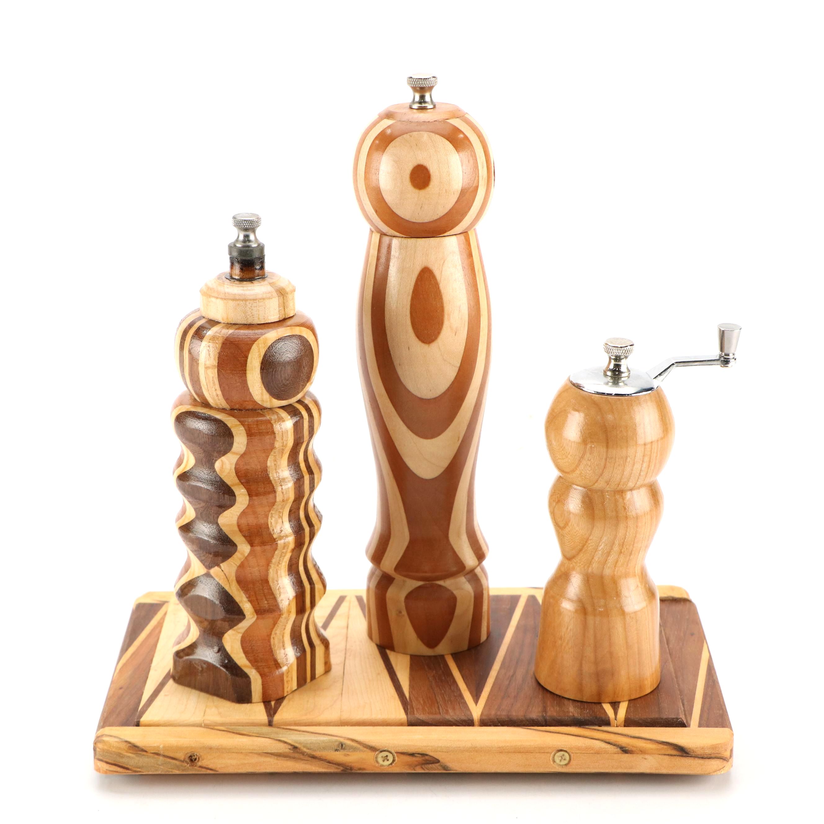 Contemporary Segmented and Turned Wood Pepper Mills with Cutting Board