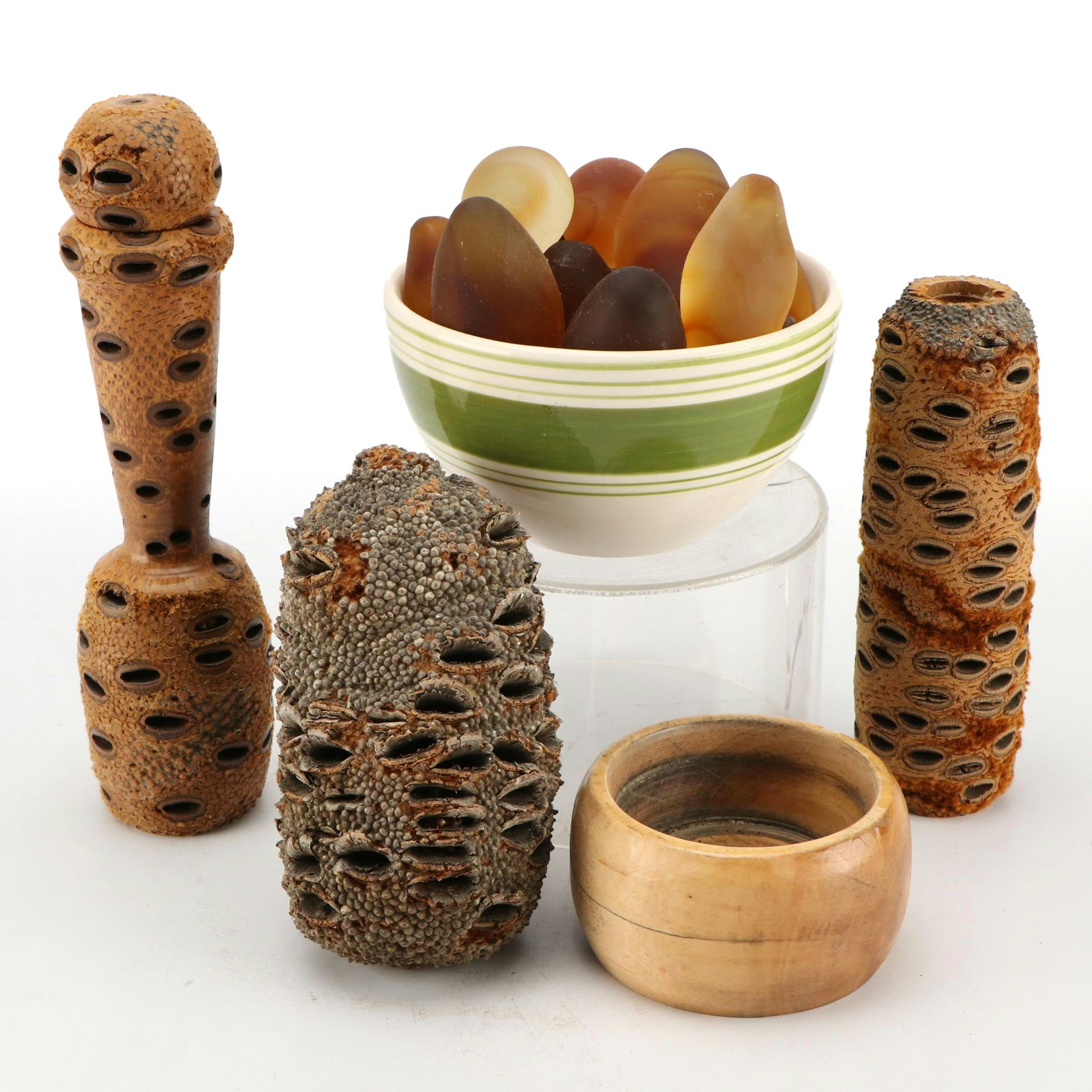 Australian Turned Banksia Seed Wood Bottles and Vase with Other Décor