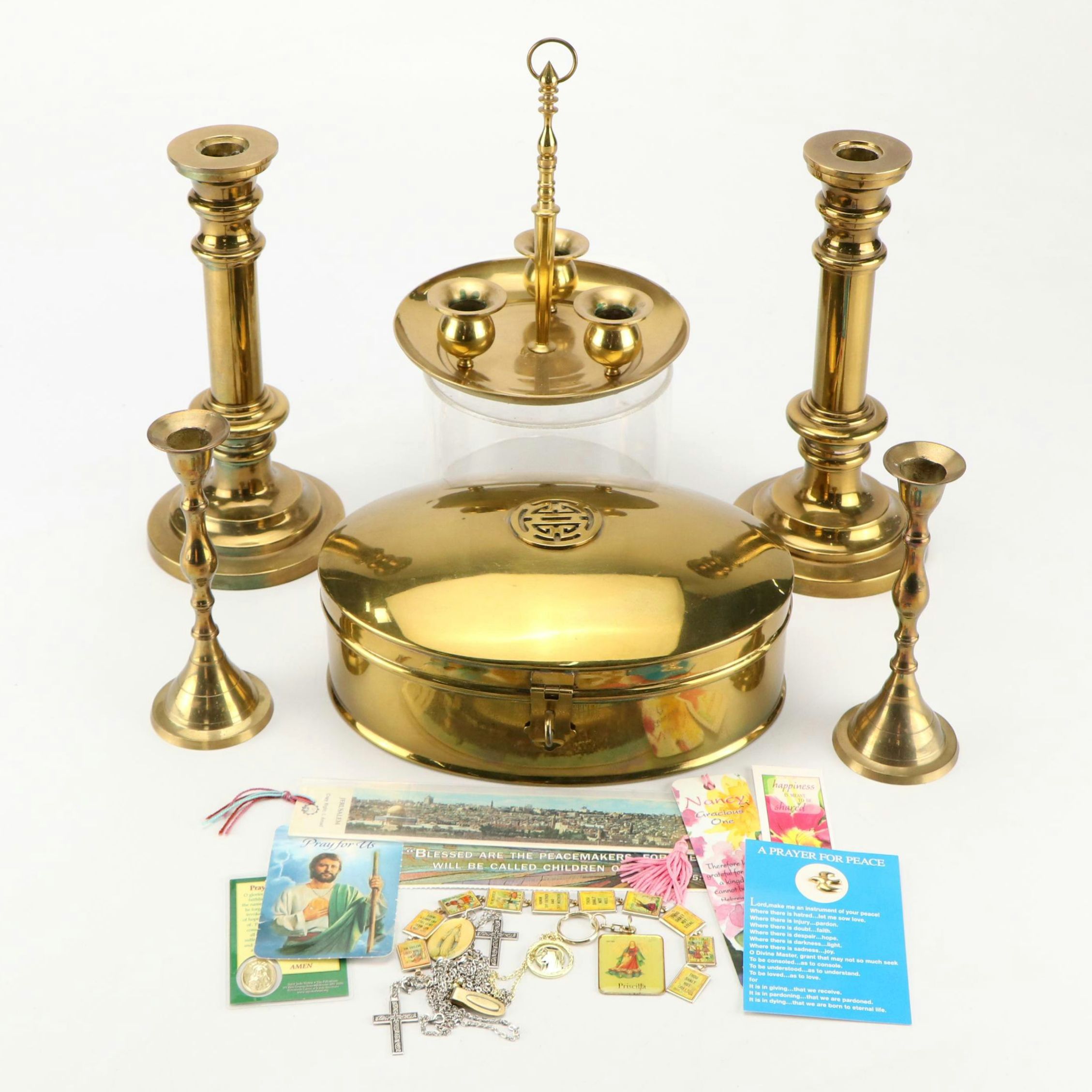 Georgian Style Brass Candlesticks with Lidded Brass Box