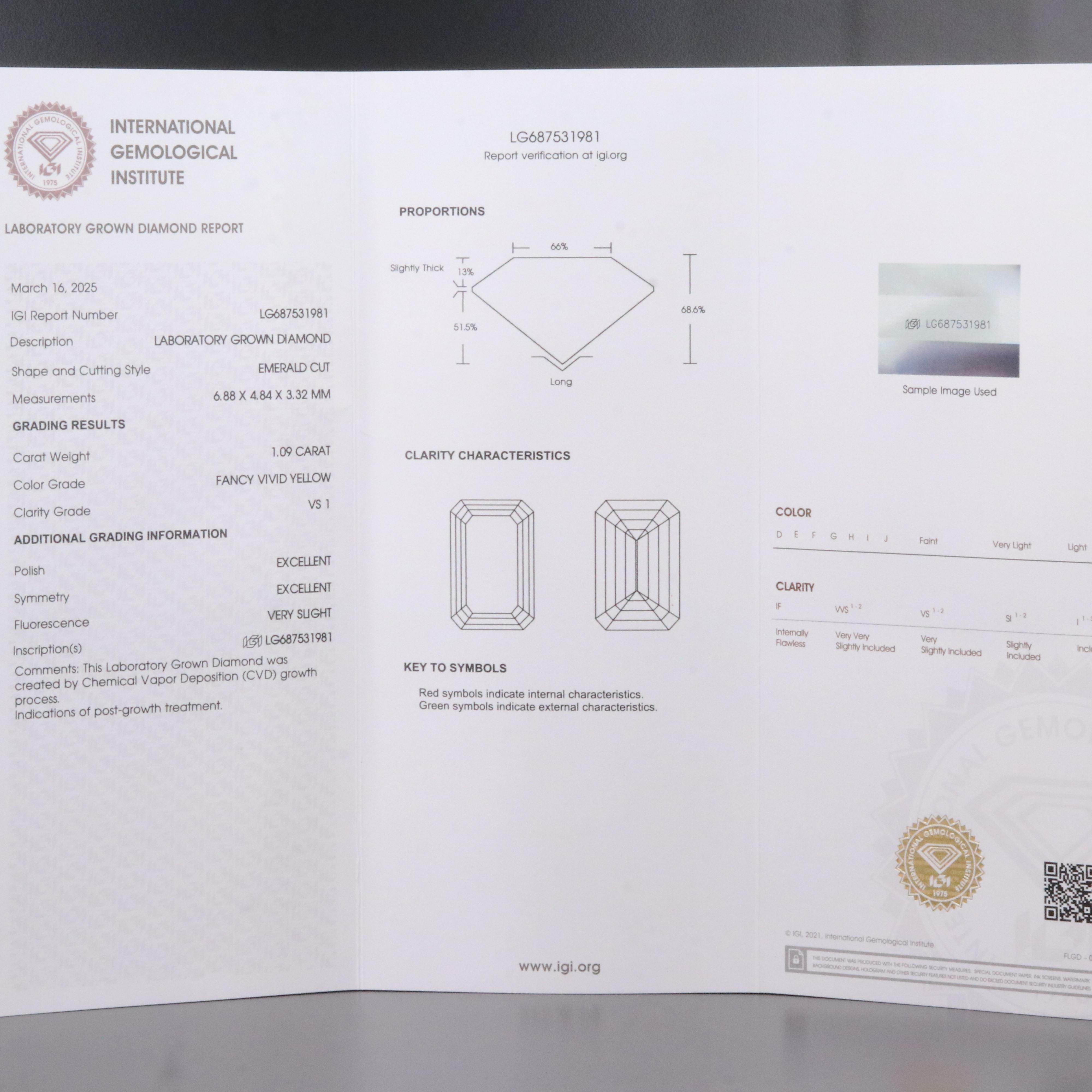 Loose 1.09 CT Lab Grown Fancy Yellow Diamond with IGI Report