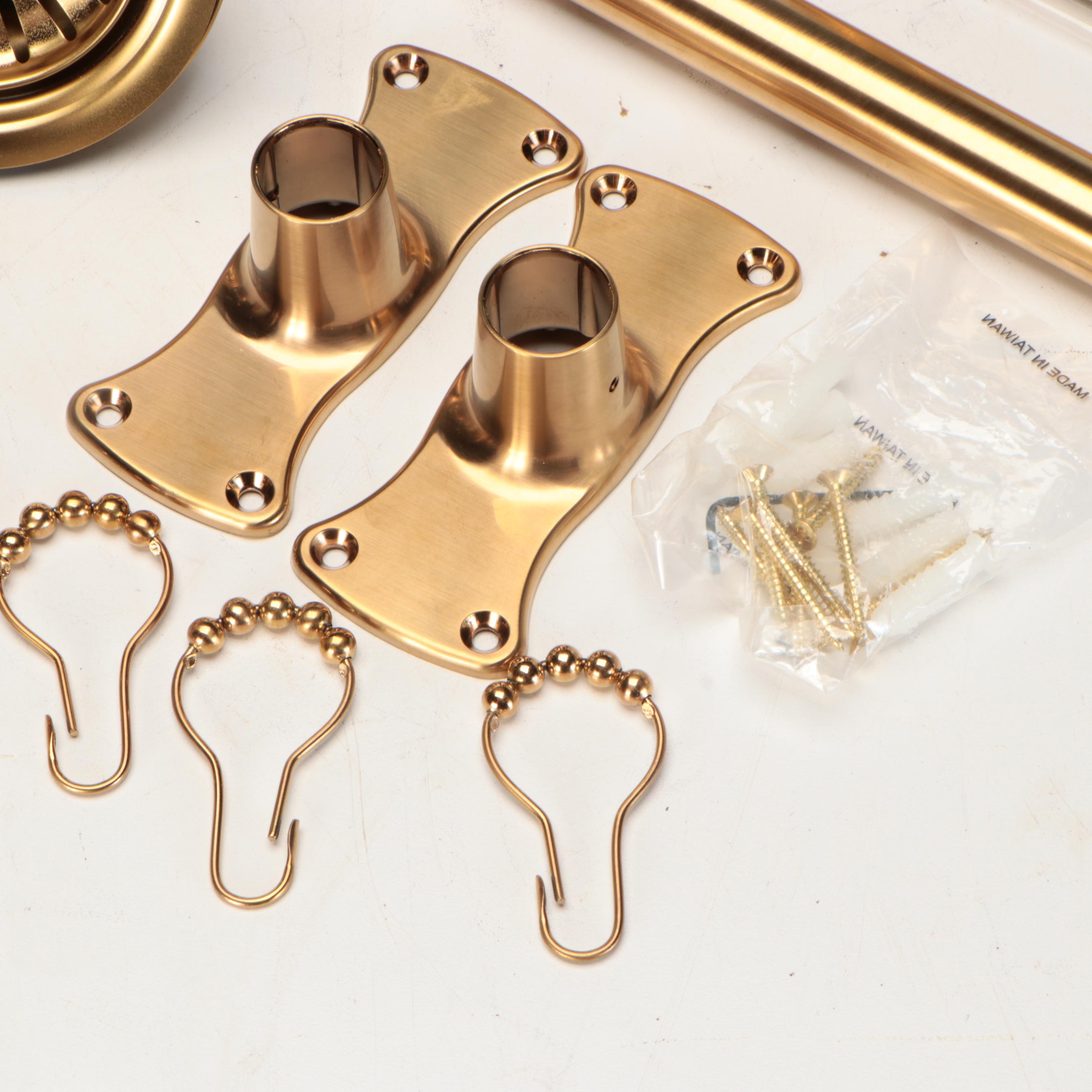 Cotton Shower Curtain, Brass Shower Rod, and Other Brass Bathroom Fixtures