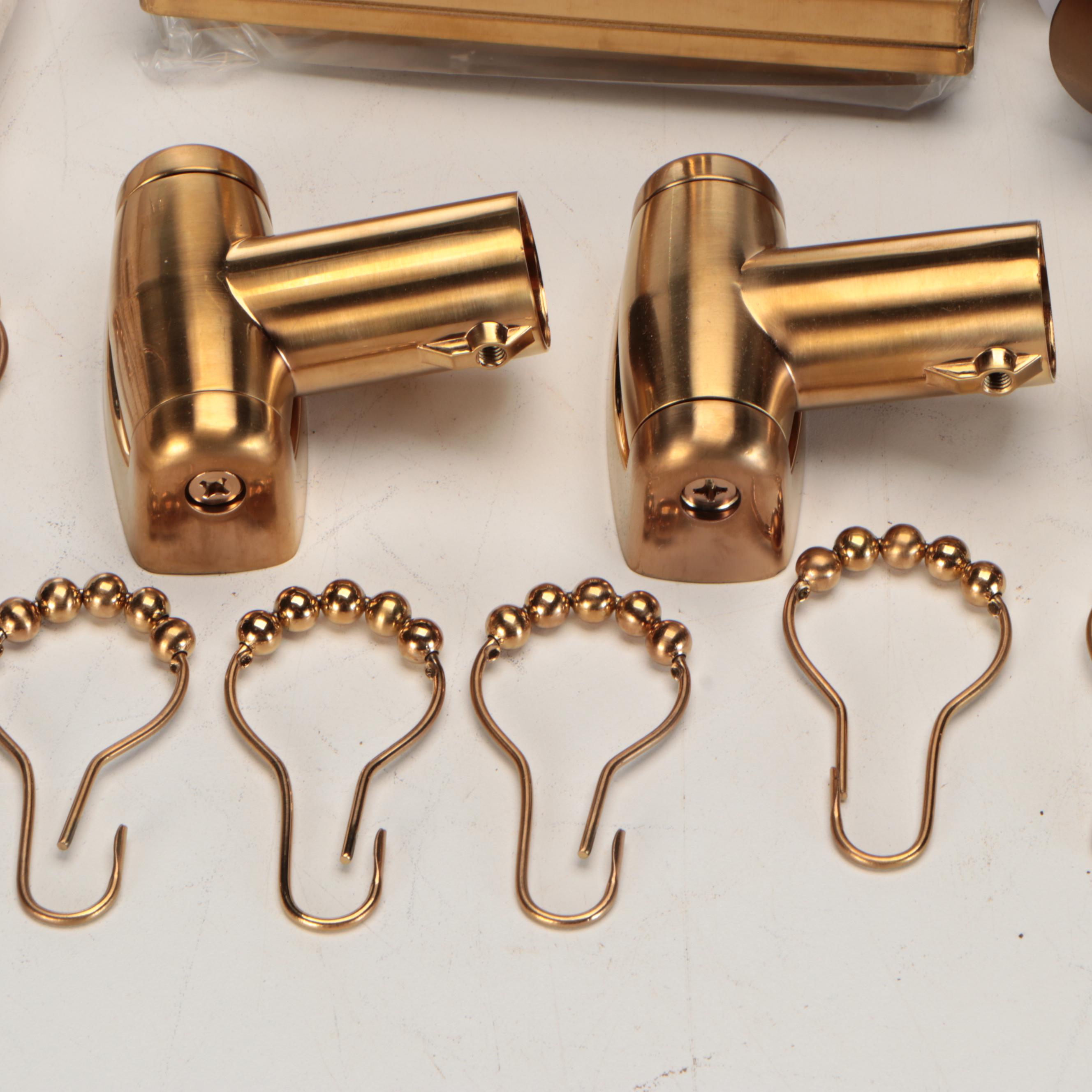 Cotton Shower Curtain, Brass Shower Rod, and Other Brass Bathroom Fixtures