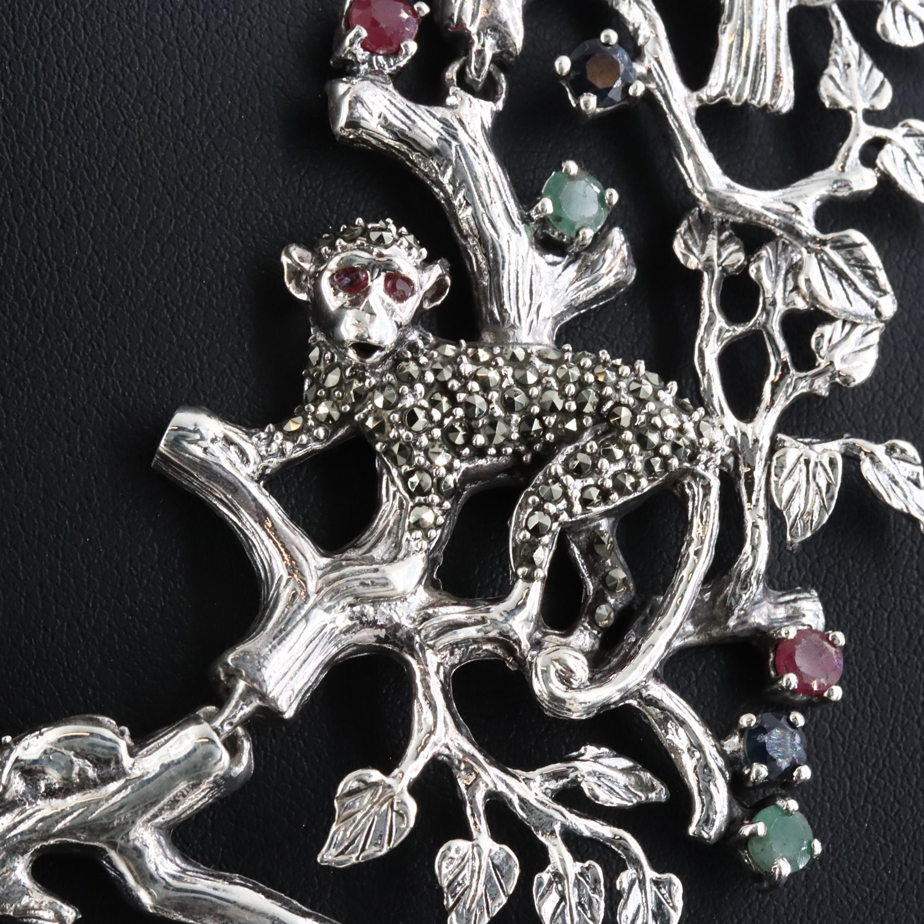 Sterling Emerald, Ruby and Marcasite Jungle Motif Necklace