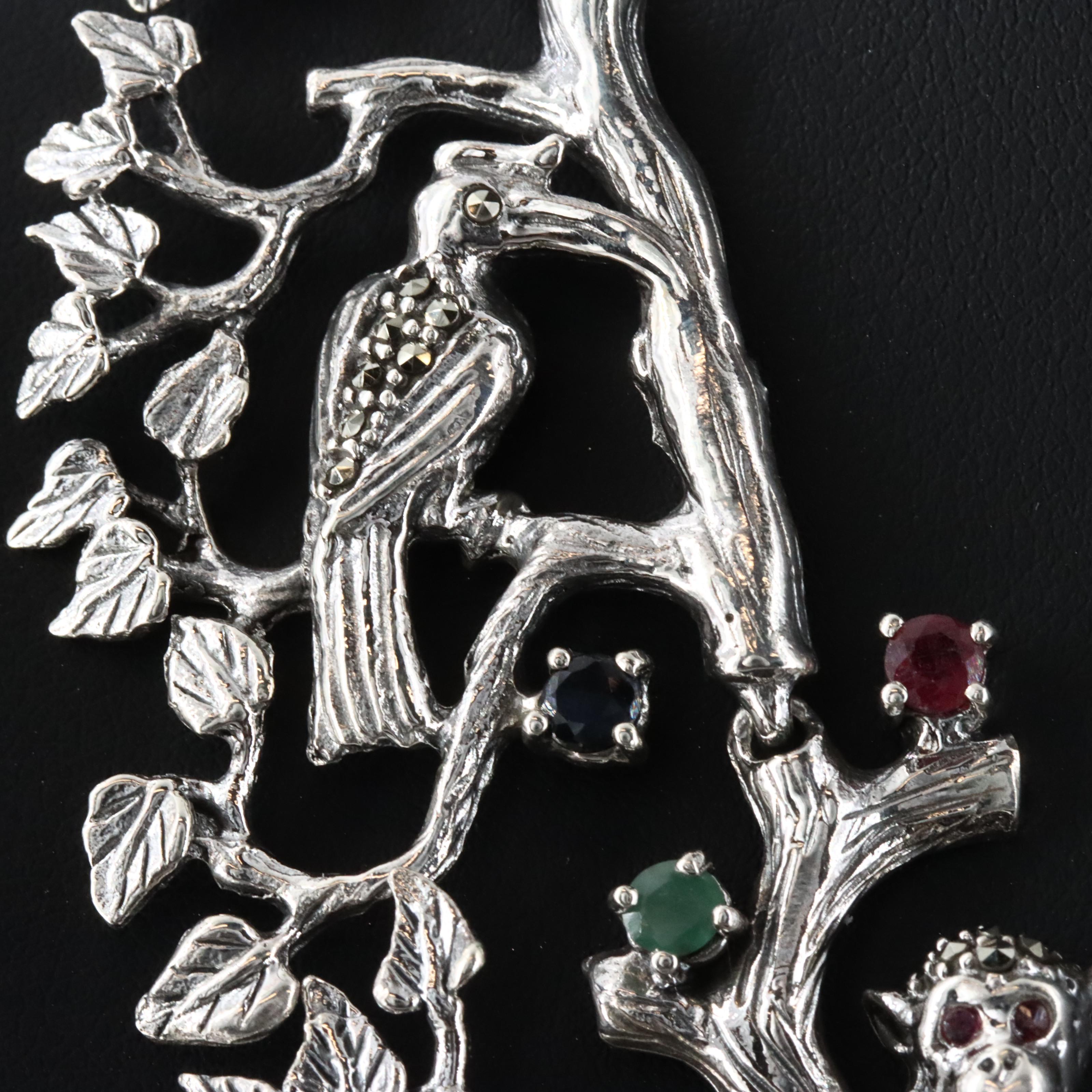 Sterling Emerald, Ruby and Marcasite Jungle Motif Necklace